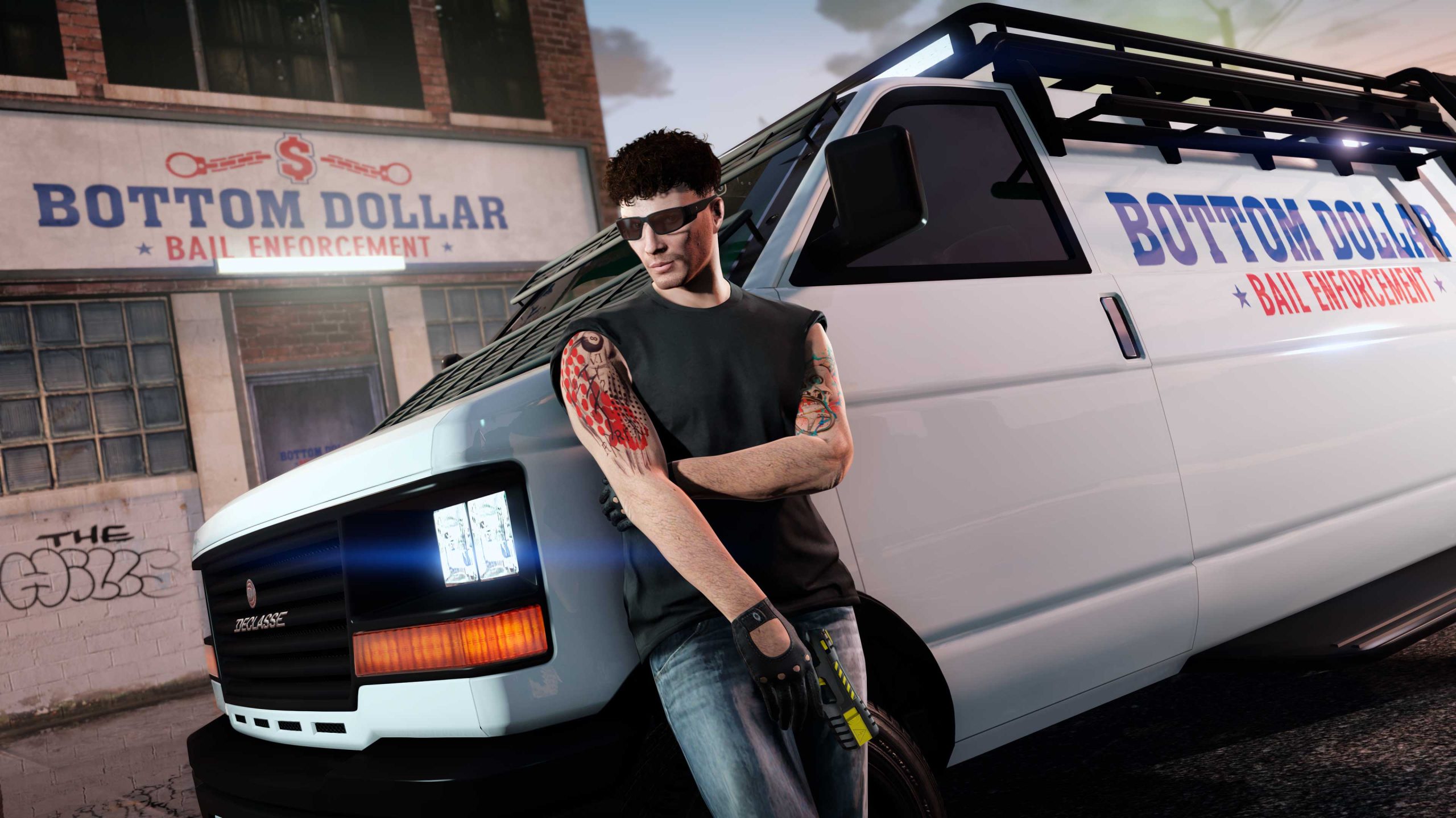 A GTA Online character leans against a Bottom Dollar Bail Enforcement van outside of the company building. 