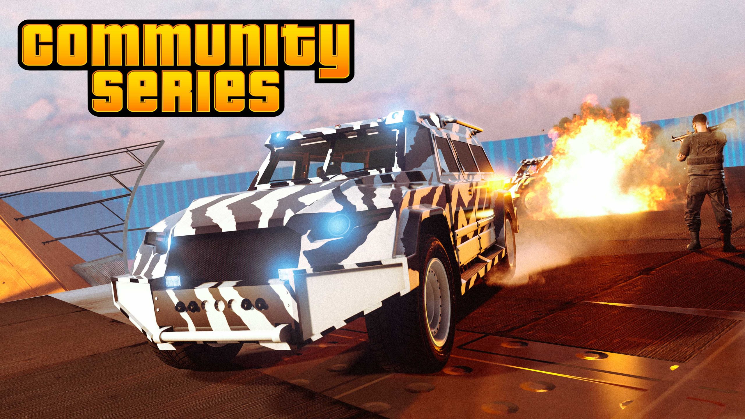 Community Series poster with a Nightshark driving off-road with a GTA Online character firing an RPG in the distance. 