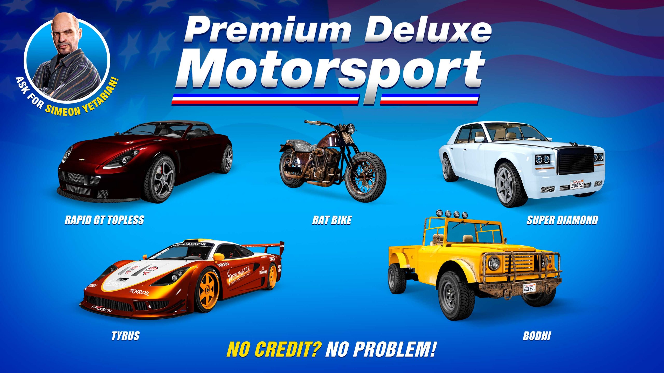 Premium Deluxe Motorsport poster for five vehicles: Progen Tyrus, Enus Super Diamond, Dewbauchee Rapid GT Topless, Western Rat Bike, and Canis Bodhi 