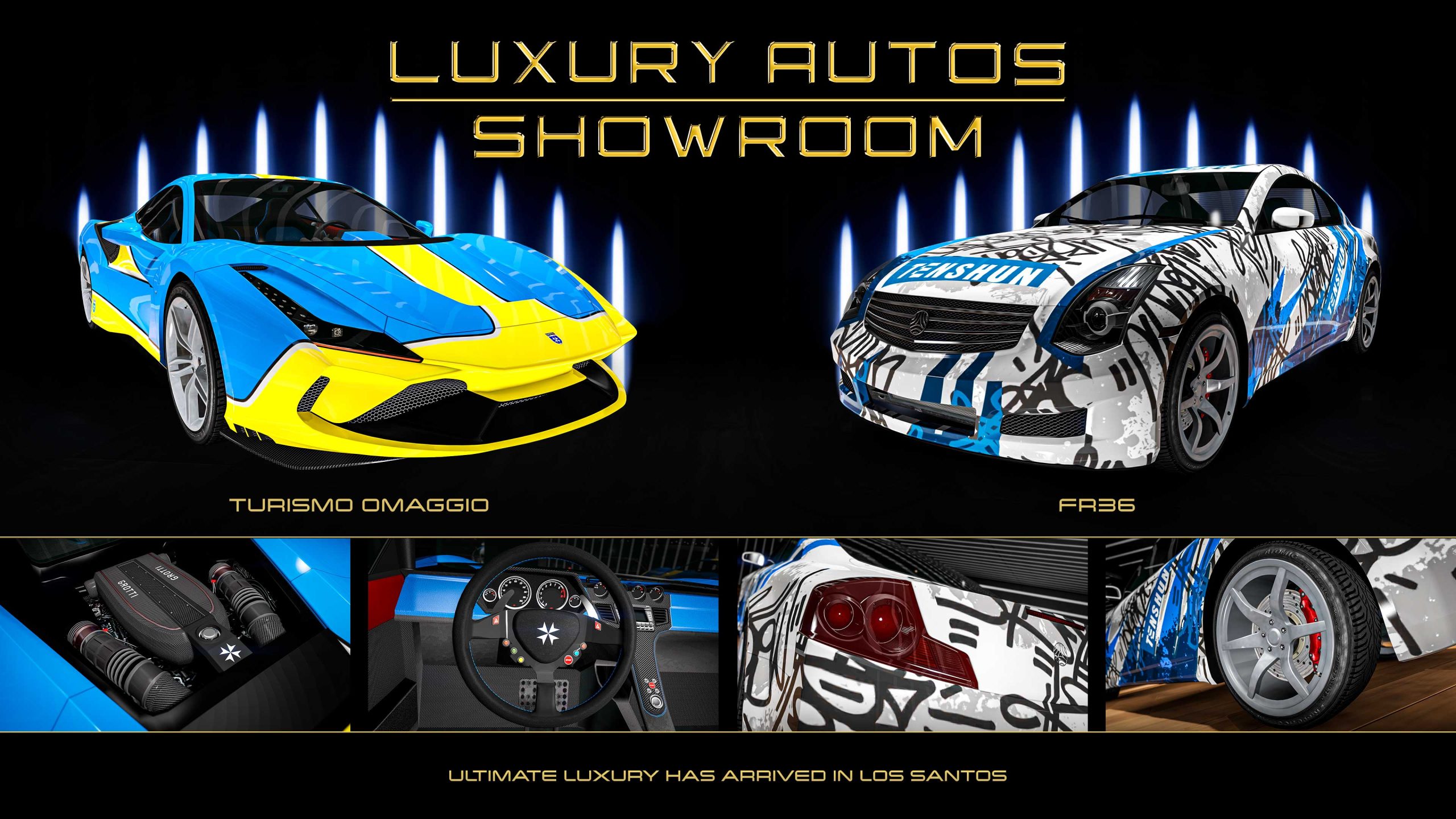 Poster for two Luxury Autos showroom cars. Left: A three-door Grotti Turismo Omaggio with vibrant blue and yellow paint. Right: A five-door Fathom FR36 with white paint and a black and blue scribble livery. 