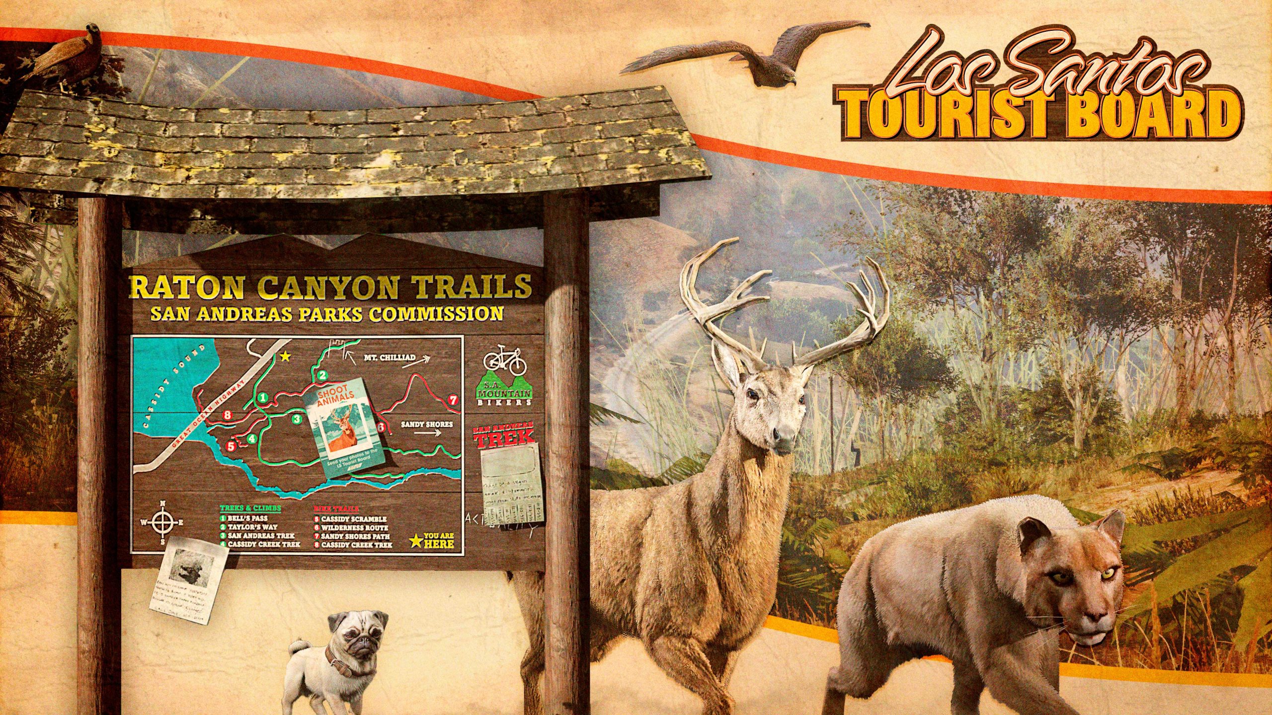 Los Santos Tourist Board poster showing a Raton Canyon Trails notice board surrounded by wild animals; birds, deer, mountain lion, and a pug. 