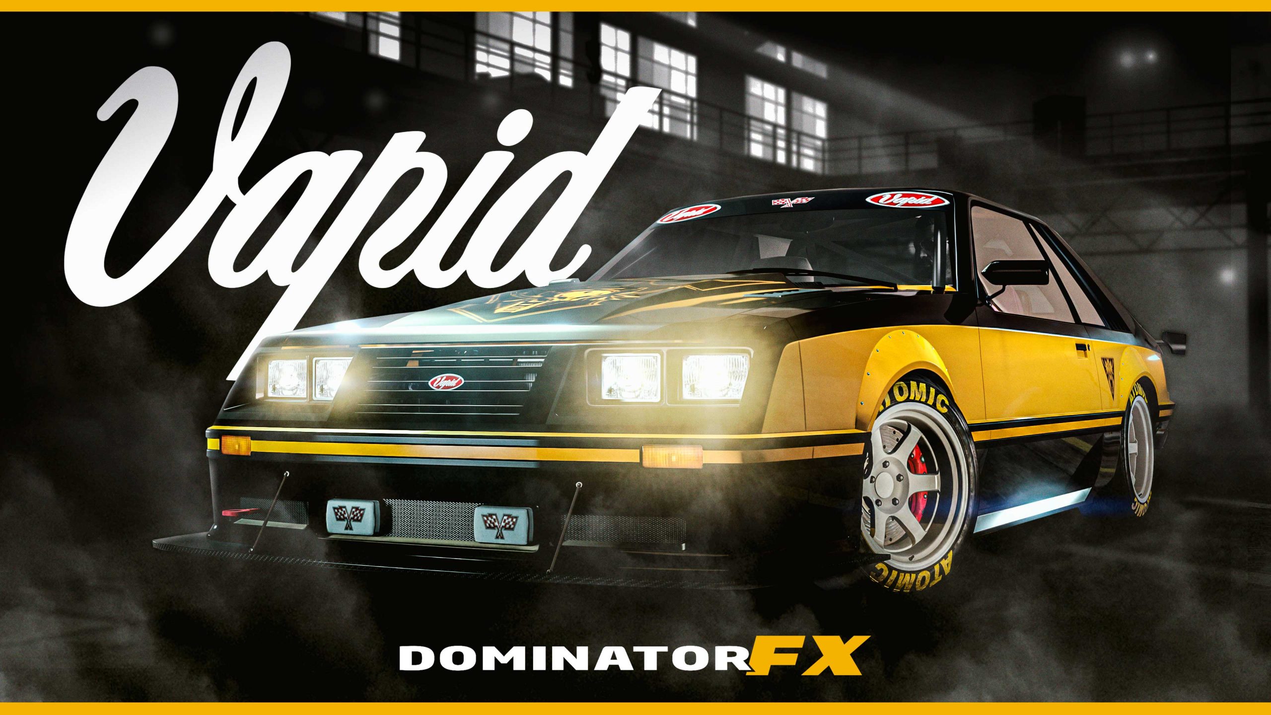 A three-door, black Vapid Dominator FX car with a thick yellow bordered stripe wrapping horizontally around the body.