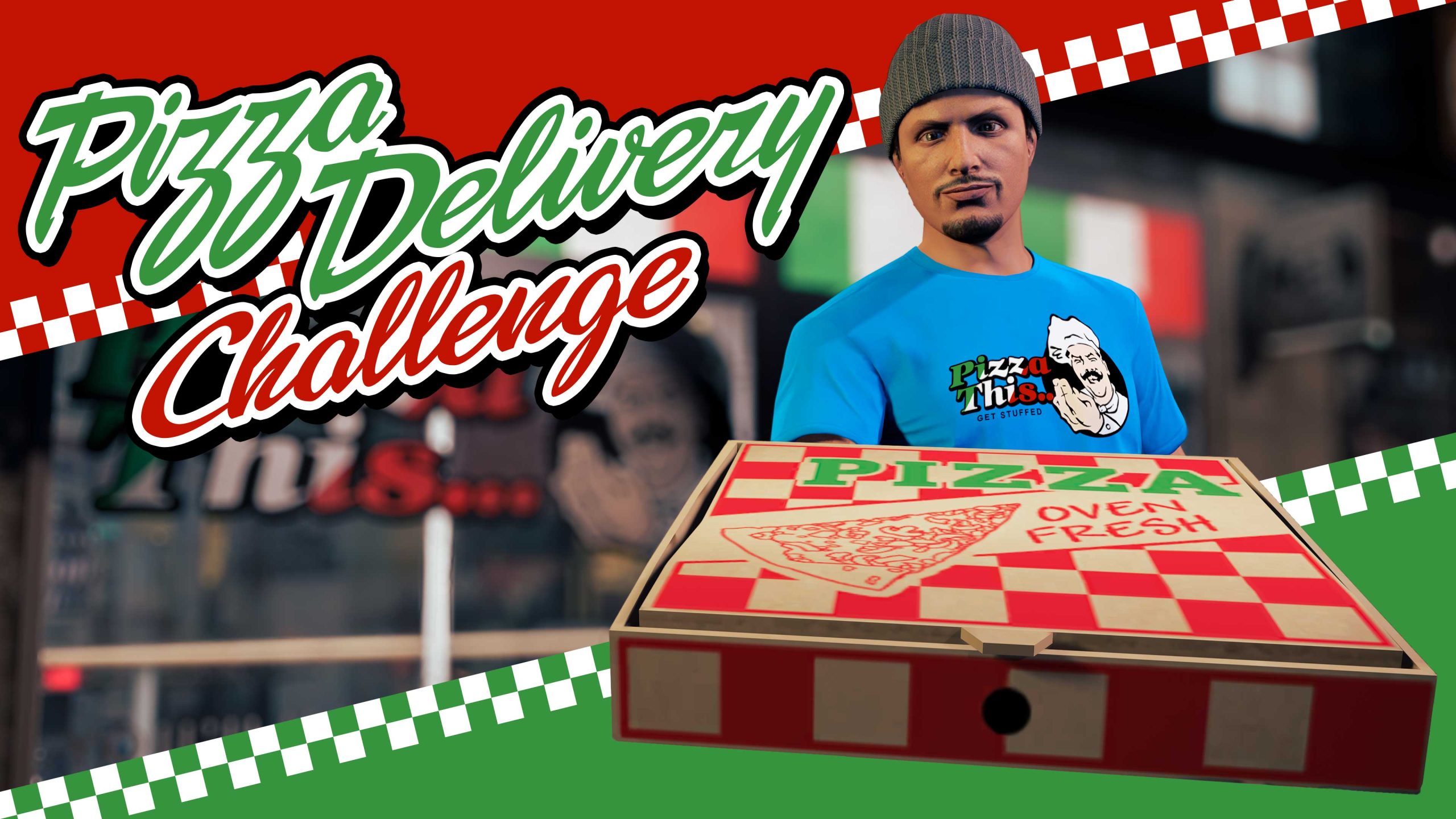 Pizza Delivery Challenge poster with a character wearing a blue Pizza This… Tee.