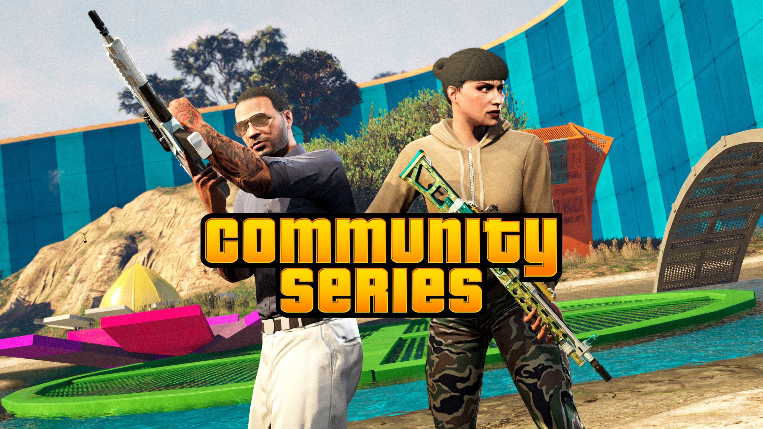 Community Series event poster featuring two GTA Online characters with rifles looking ready for action.