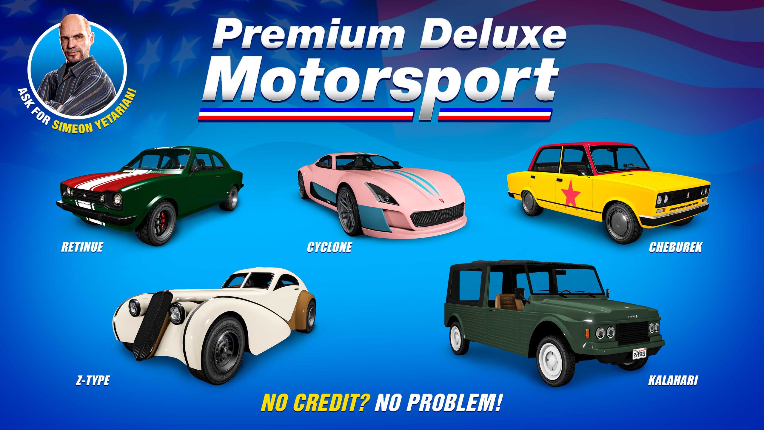 Premium Deluxe Motorsport poster for five vehicles: Truffade Z-Type, Vapid Retinue, RUNE Cheburek, Canis Kalahari, and  Coil Cyclone.