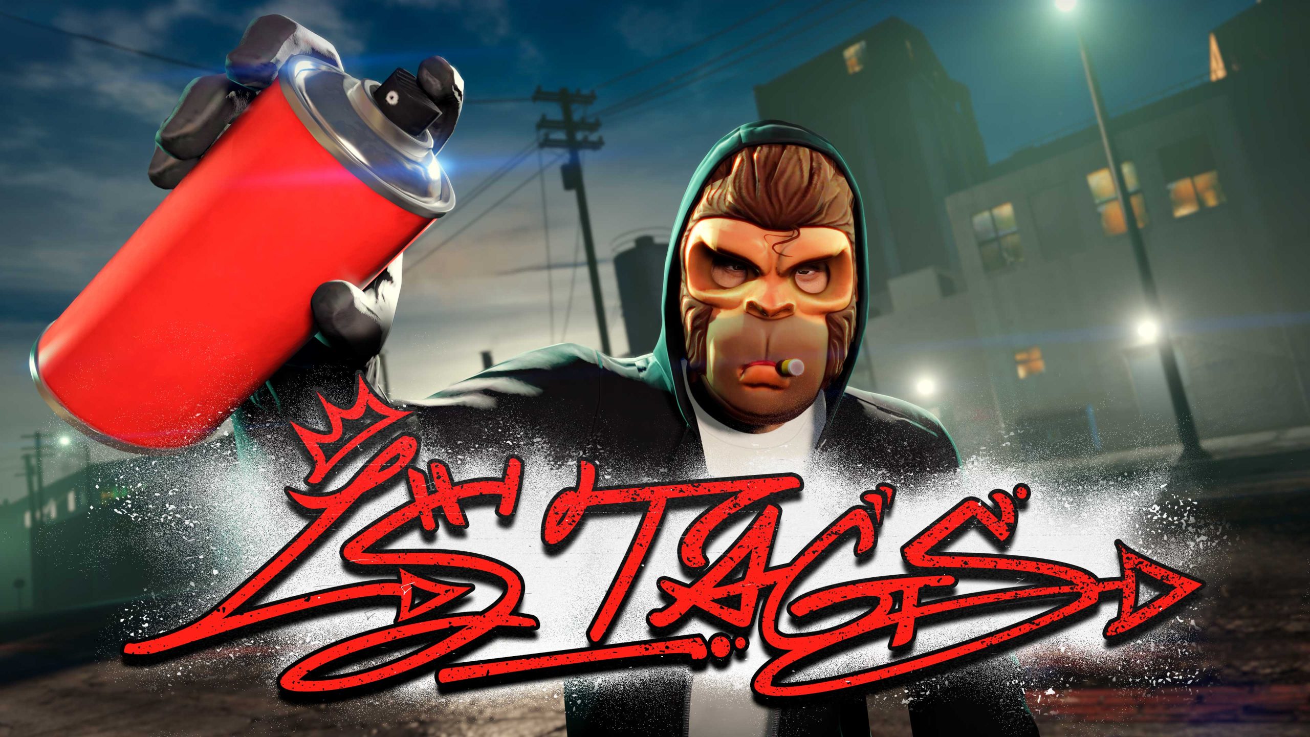 LS Tags event poster featuring a character at night, holding a can of red spray paint while wearing the The Street Artist Outfit consisting of a black hoodie, white tee, and a monkey smoking a cigar mask.