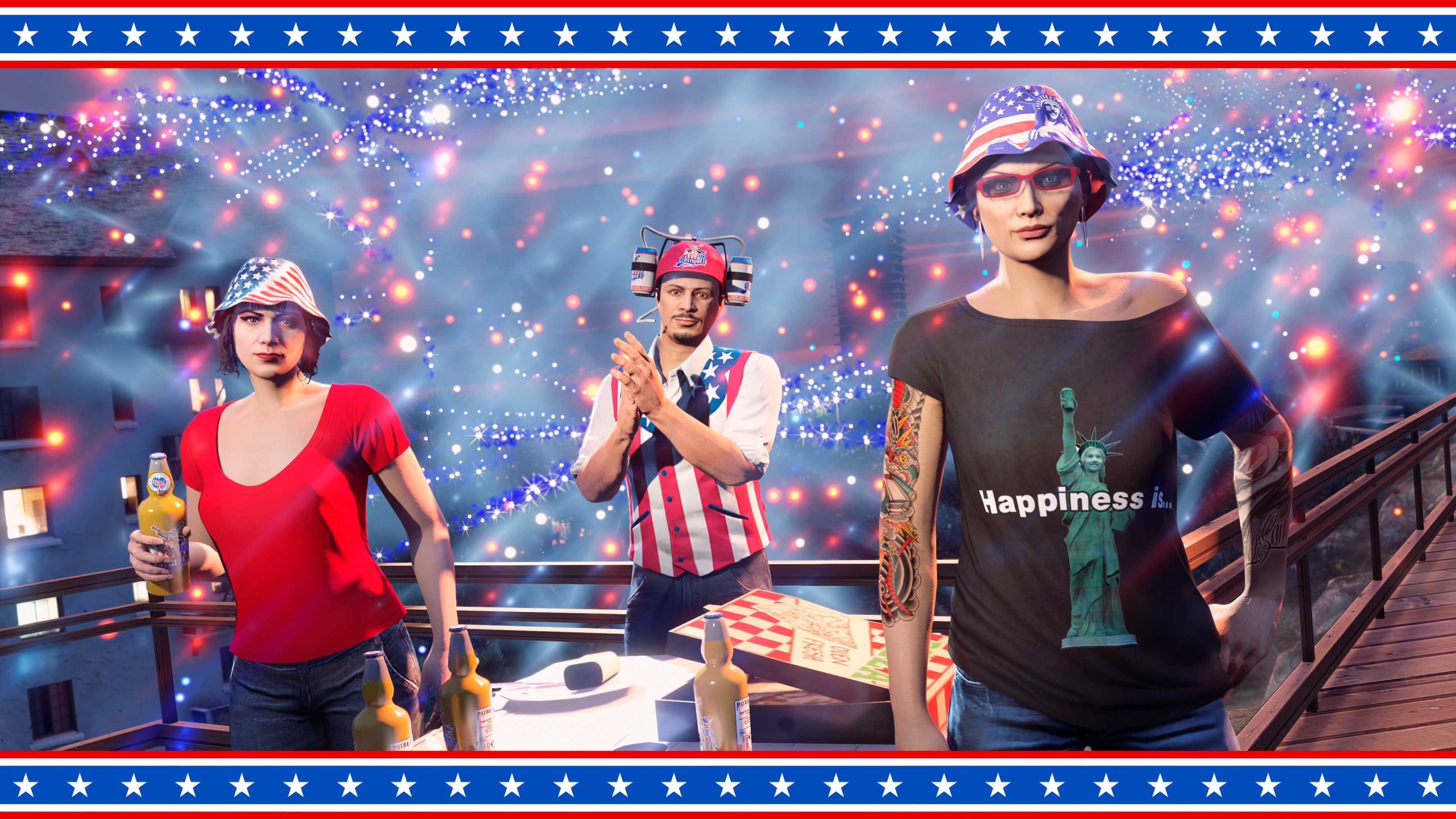 Three GTA Online characters surrounded by red, white, and blue firework explosions. They wear an assortment of patriotic clothes including the Stars and Stripes Bucket Hat, Patriot Beer Hat, and the Statue of Happiness T-Shirt the statue raising a can of with “Happiness is...” text. 