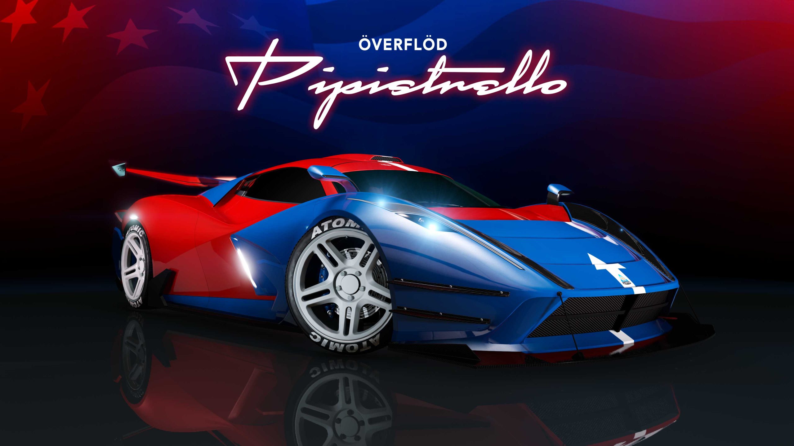 A three-door Överflöd Pipistrello with a red, white, and blue themed livery with the white arrow going up the hood.