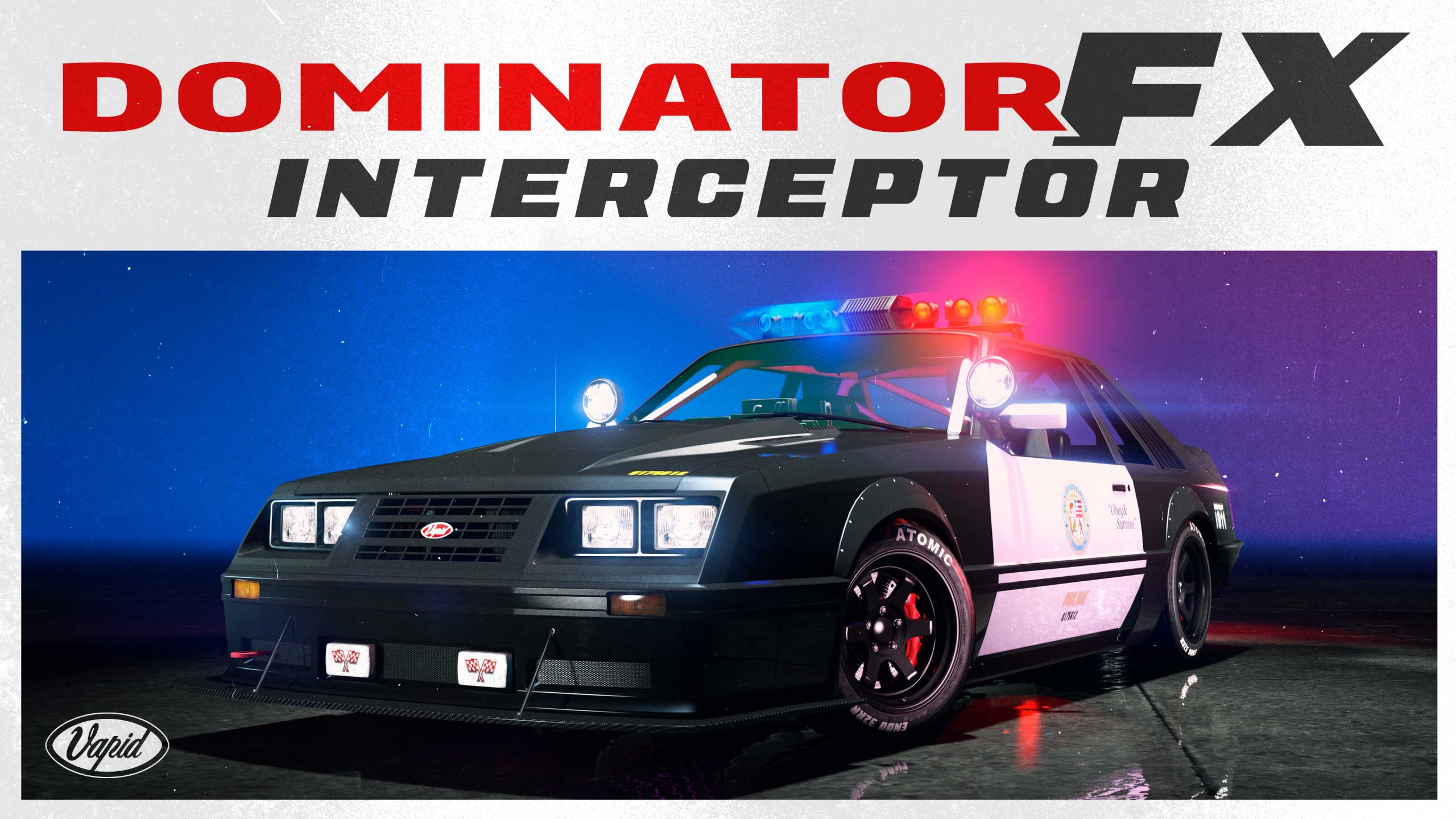 A three-door Vapid Dominator FX Interceptor law enforcement vehicle with flashing lights. 