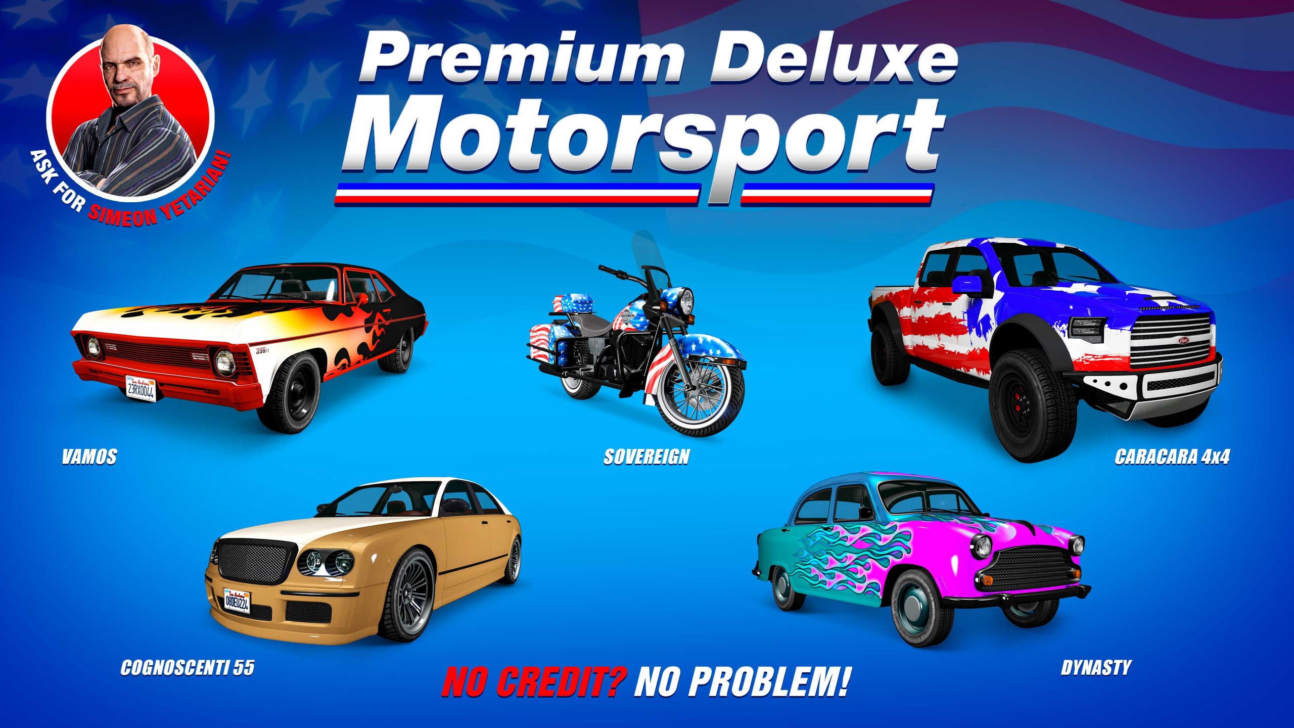 Premium Deluxe Motorsport poster for five vehicles: Declasse Vamos, Vapid Caracara 4x4, Weeny Dynasty, Enus Cognoscenti 55, and Western Sovereign. 