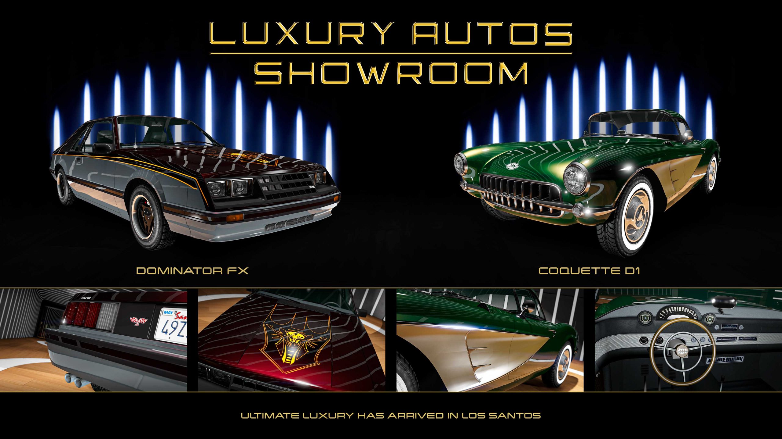 Poster for two Luxury Autos showroom cars. Left: A three-door Dominator FX car with a black hood and top, with grey sides, decorated with yellow detailing including a snake within a shield on the hood. Right: A three-door Coquette D1 car with metallic green and gold paint and gold rims. 