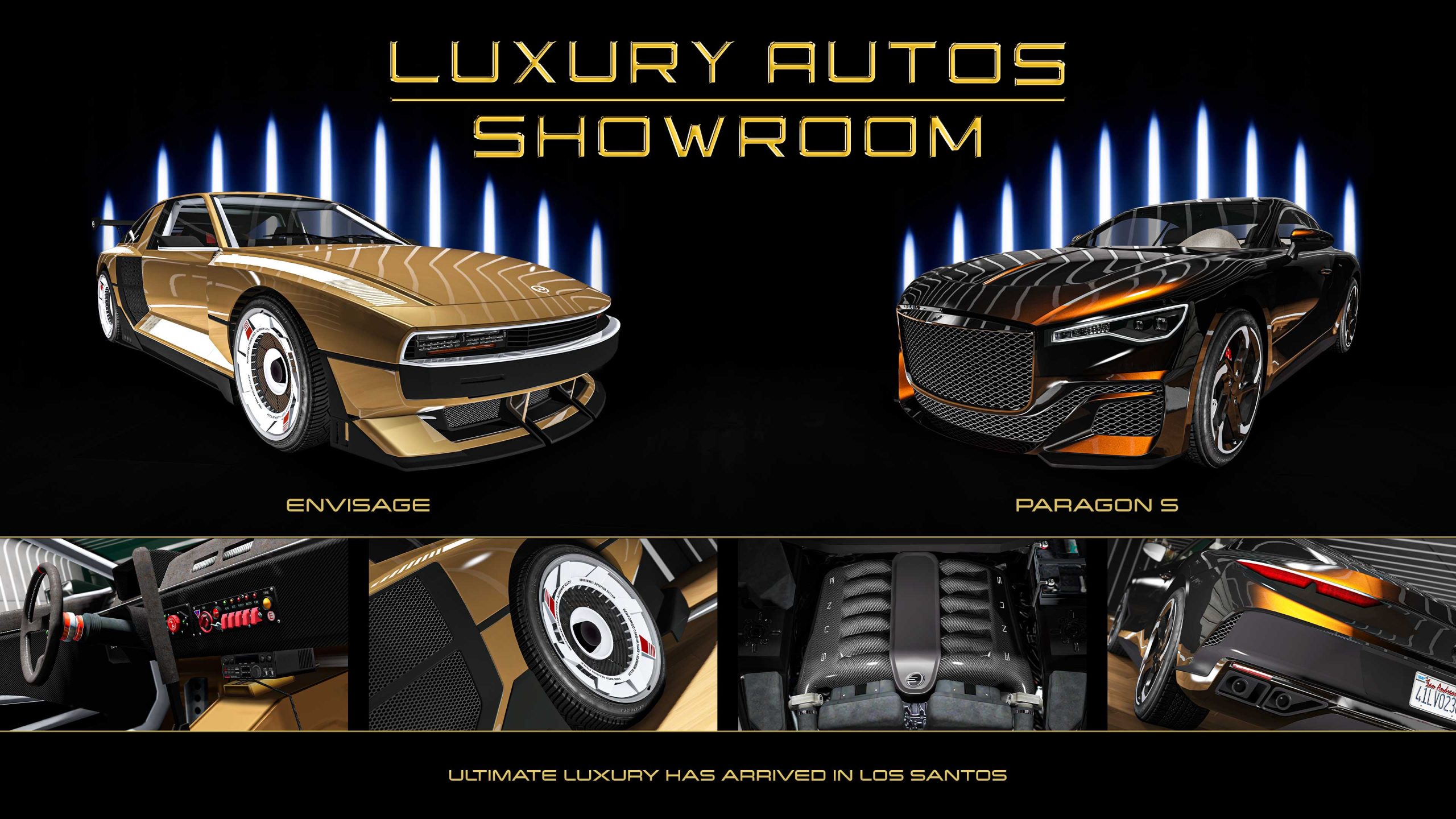 Poster for two Luxury Autos showroom cars. Left: A three-door Bollokan Envisage with shiny gold paint, white details, and white disc rims. Right: A three-door Enus Paragon S with sunburst-like pearlescent paint. 