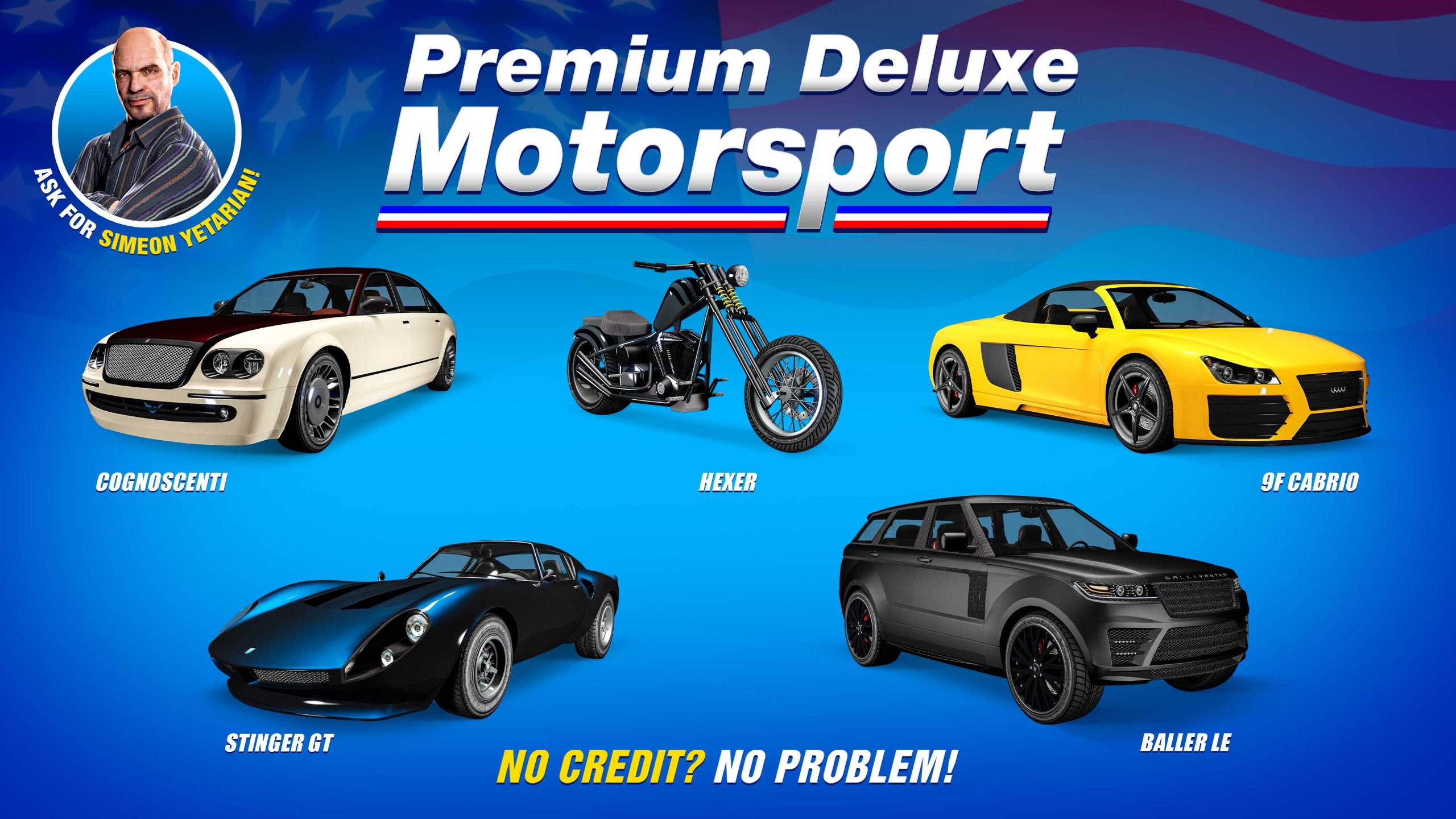 Premium Deluxe Motorsport poster for five vehicles: Grotti Stinger GT, Enus Cognoscenti, Gallivanter Baller LE, Obey 9F Cabrio, and LCC Hexer.