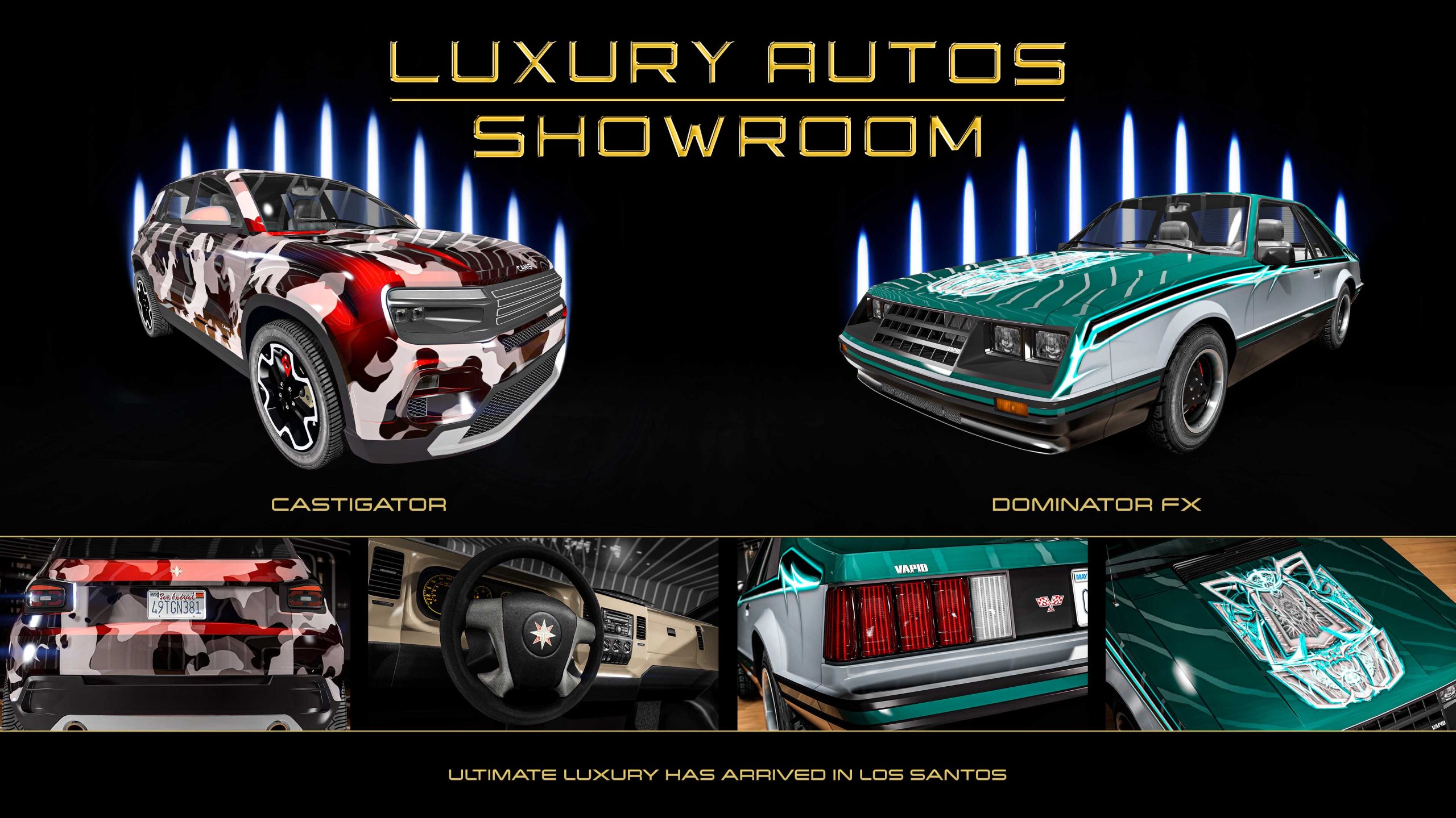 Poster for two Luxury Autos showroom cars. Left: A pearlescent sunburst orange four-door Canis Castigator SUV with a white shredded-style livery all over. Right: A three-door mint-green Vapid Dominator FX car with bronze paint around the base of the body and a detailed graphic on the hood.