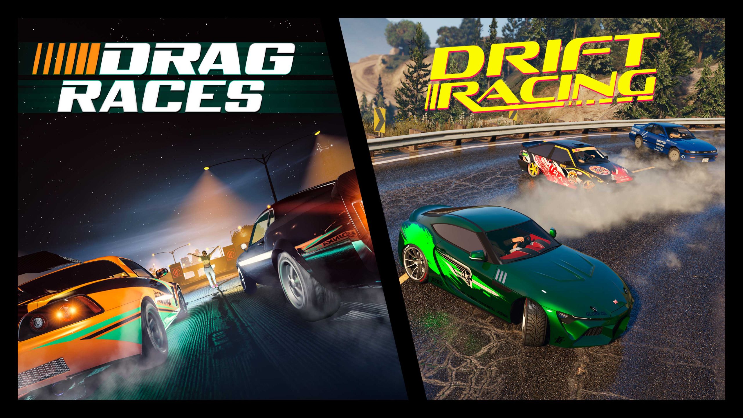 Drag Races and Drift Racing event poster.