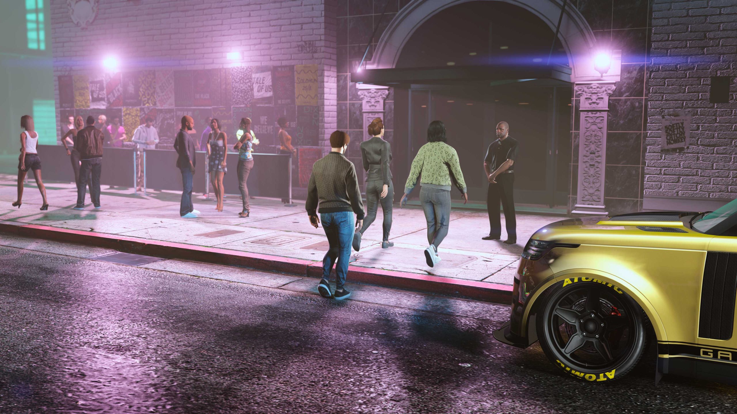 GTA Online characters walk towards a nightclub with a bouncer standing outside.