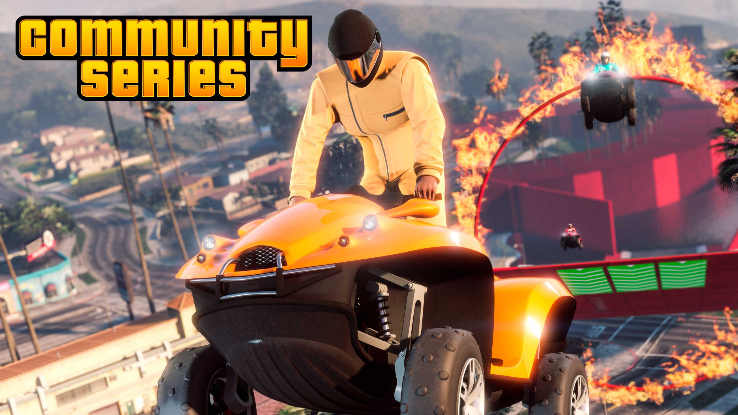 Community Series poster of a GTA Online character driving a Blazer Aqua through a large ring of fire.