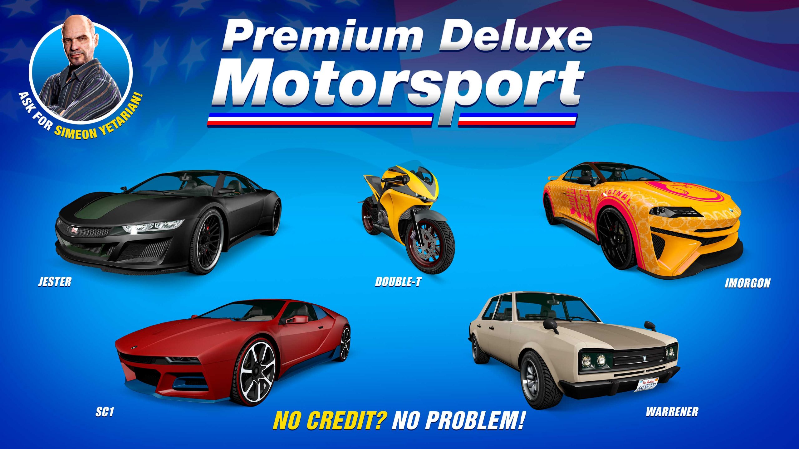 Premium Deluxe Motorsport poster for five vehicles: Överflöd Imorgon, Übermacht SC1, Dinka Jester, Vulcar Warrener, and Dinka Double-T.