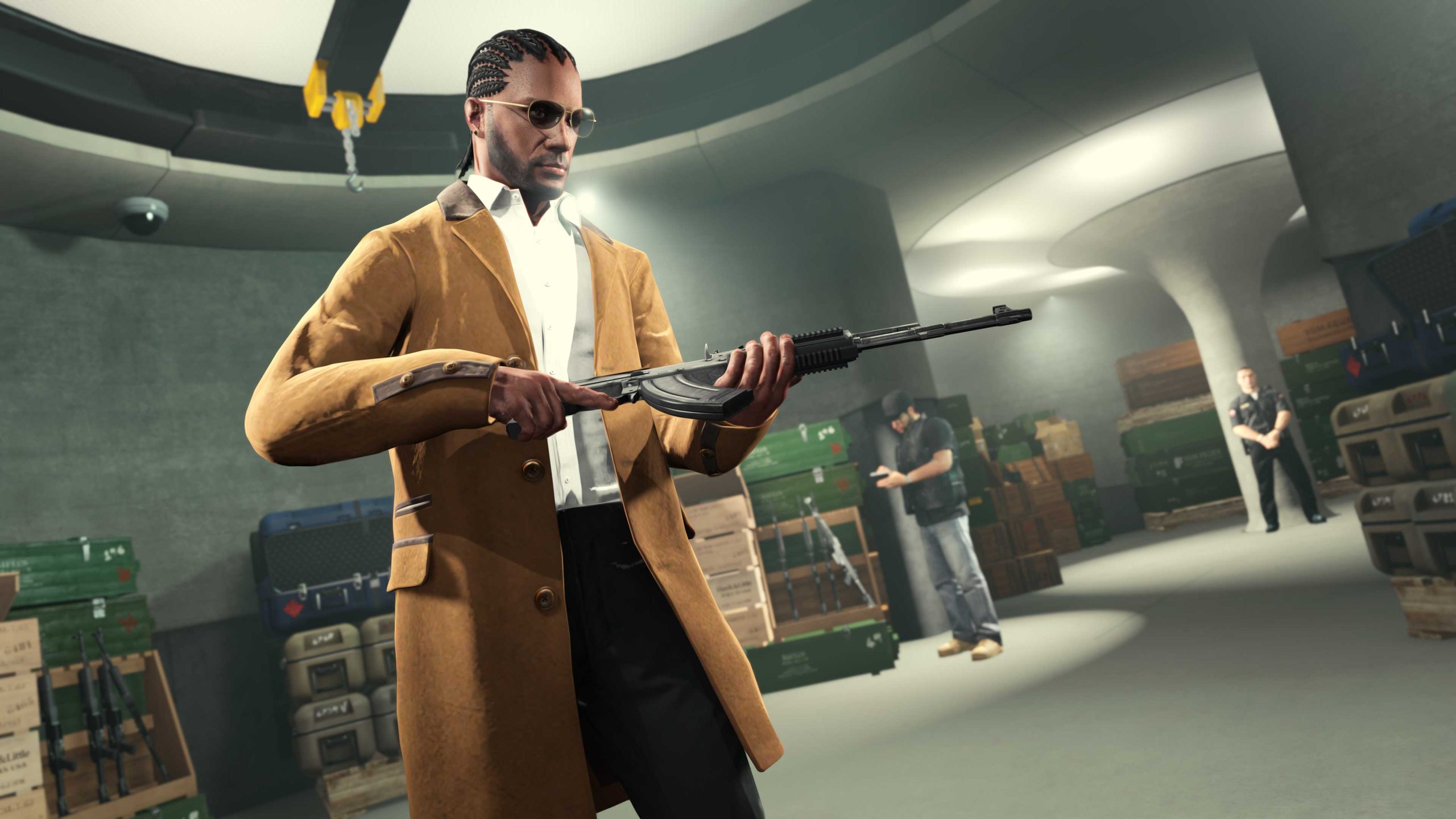 A GTA Online character inspects a weapon, surrounded by weapon and ammunition crates.