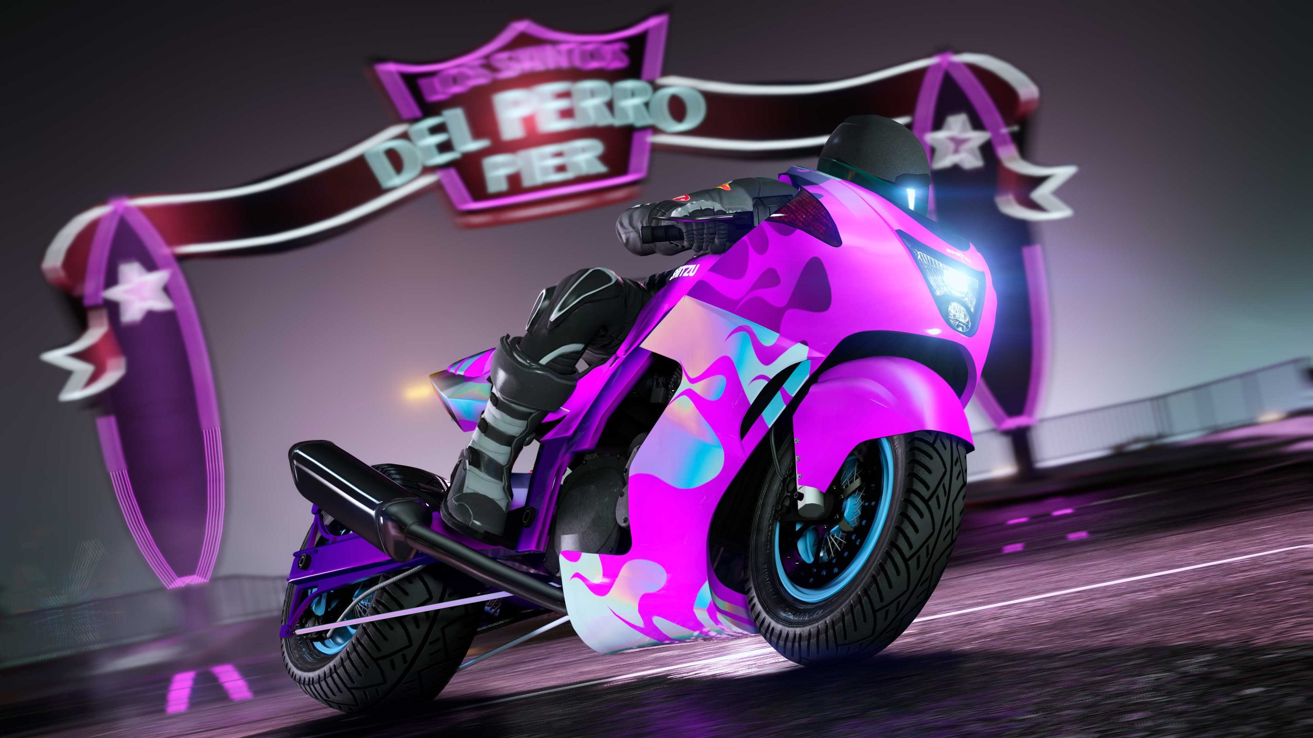 A light chameleon Shitzu Hakuchou Drag motorcycle with vibrant neon purple flame decals speeds past the Del Perro Pier.