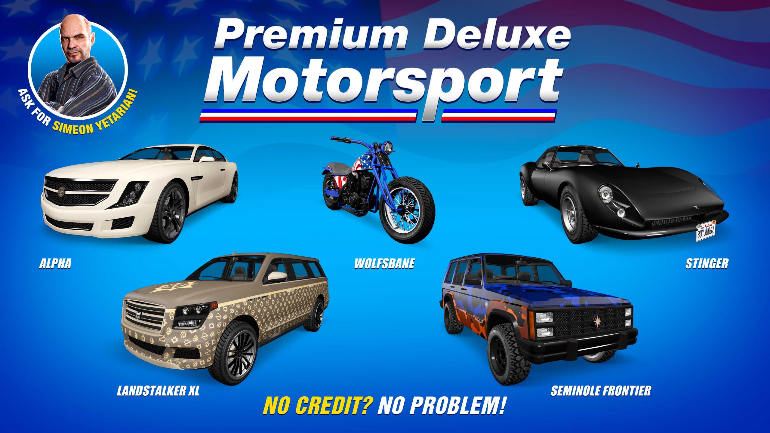 Premium Deluxe Motorsport poster for five vehicles: Dundreary Landstalker XL, Grotti Stinger, Canis Seminole Frontier, Albany Alpha, and Western Wolfsbane.