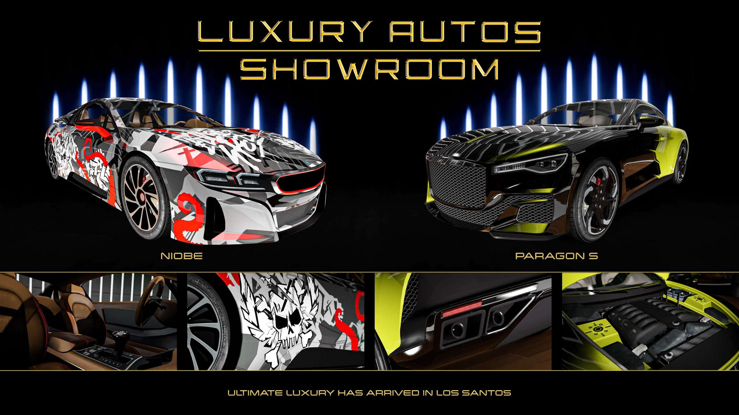 Poster for two ‘Luxury Autos Showroom’ cars. Left: A white three-door Übermacht Niobe car with red and black abstract graffiti livery. Right: A black three-door Enus Paragon S car with green pearlescent highlights at the front, and a solid green livery at the back.