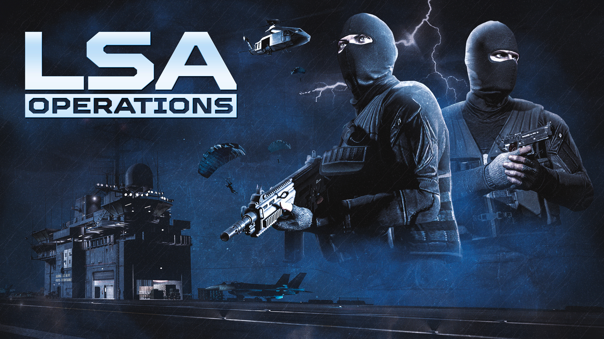 'LSA Operations’ event poster with a montage of two Los Santos Angels mercenaries in all-black gear. A USS Luxington (ATT-16) aircraft carrier is in the background as operatives parachute under cover of night from a helicopter.