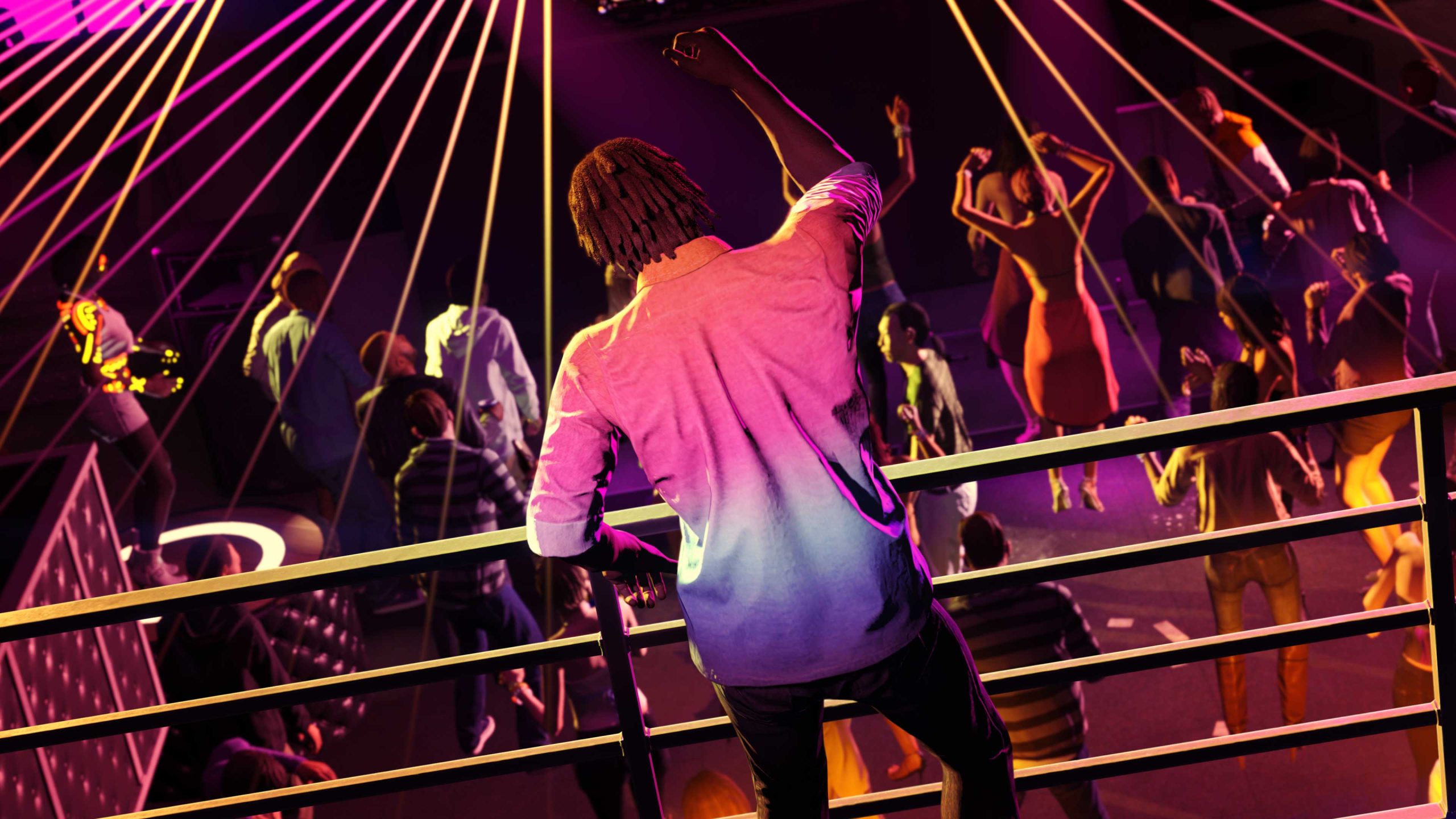 A character dances at a railing overlooking a busy nightclub dance floor below.