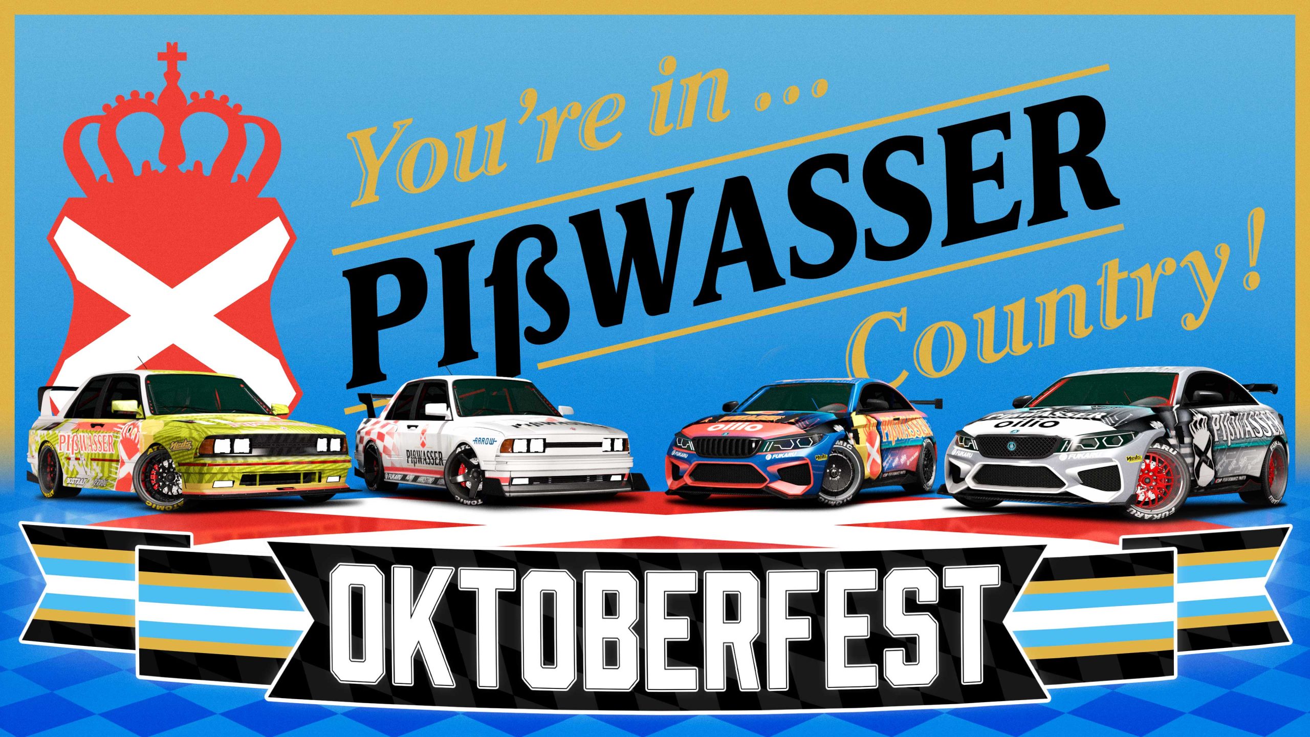 Oktoberfest event poster showcasing four Übermacht drifting cars decorated with Pißwasser Race Geometry and Pißwasser Race limited-time liveries.