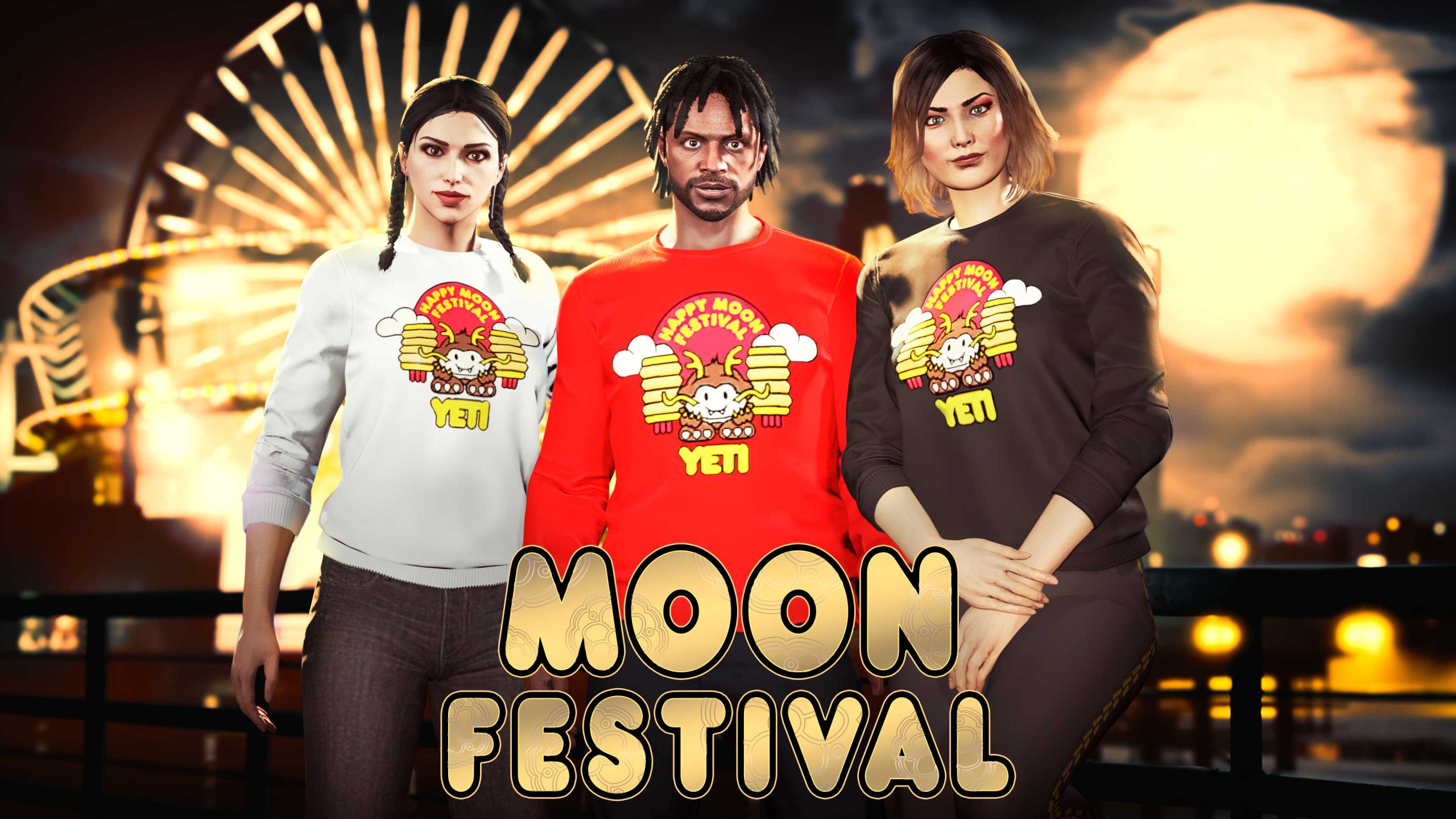 Moon Festival event poster with three GTA Online characters wearing white, red, and black Fall Sweaters.