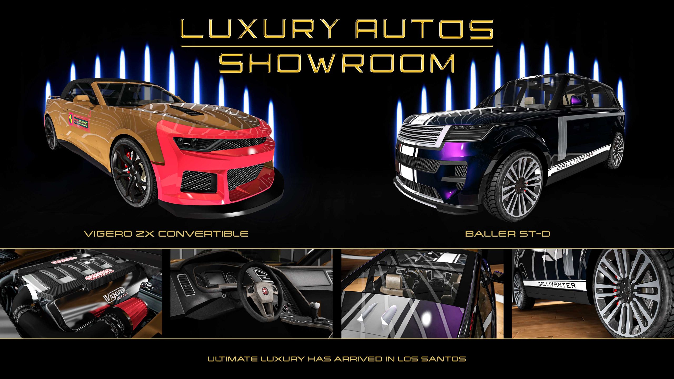 Poster for two Luxury Autos showroom cars. Left: A golden three-door Declasse Vigero ZX Convertible with a red front bumper and hood. Right: A black five-door Gallivanter Baller ST-D with a purple pearlescent shimmer and a thick white bordered racing stripe.