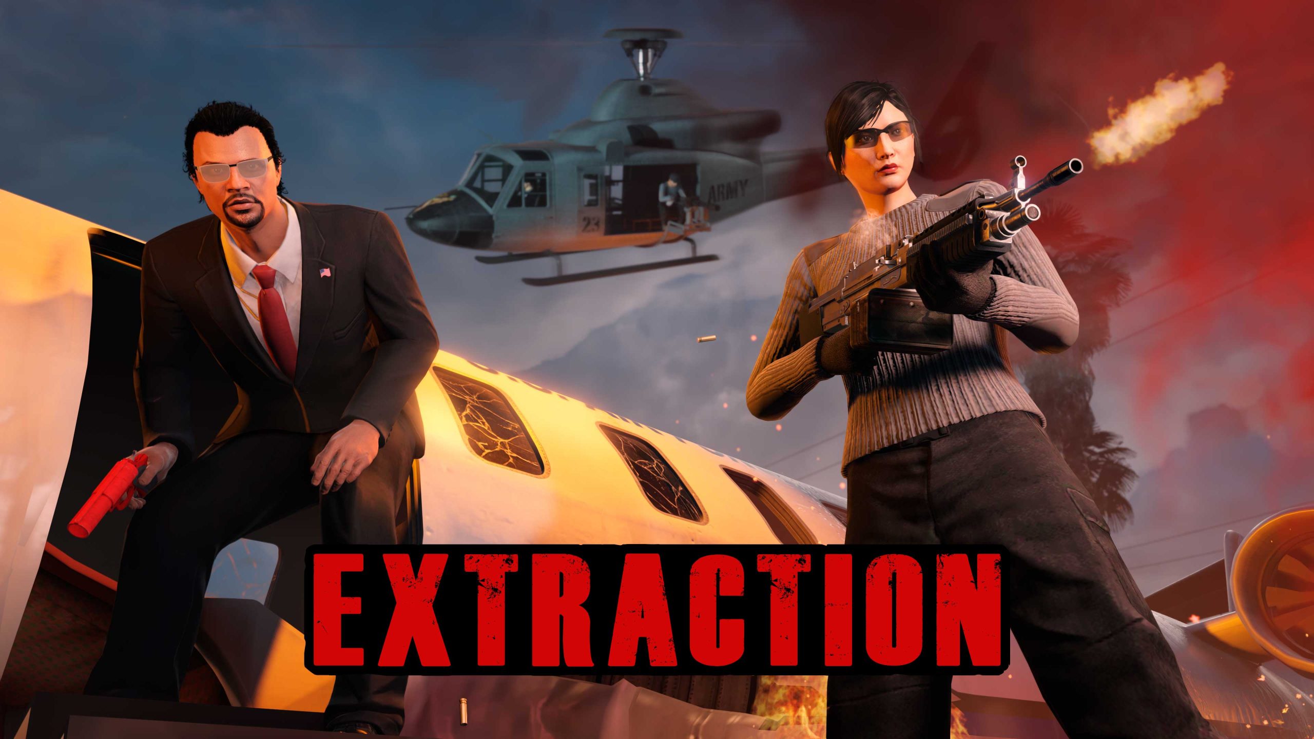 Extraction event poster featuring a GTA Online bodyguard firing a weapon as the Target character leaves a plane. A weaponized helicopter flies above.