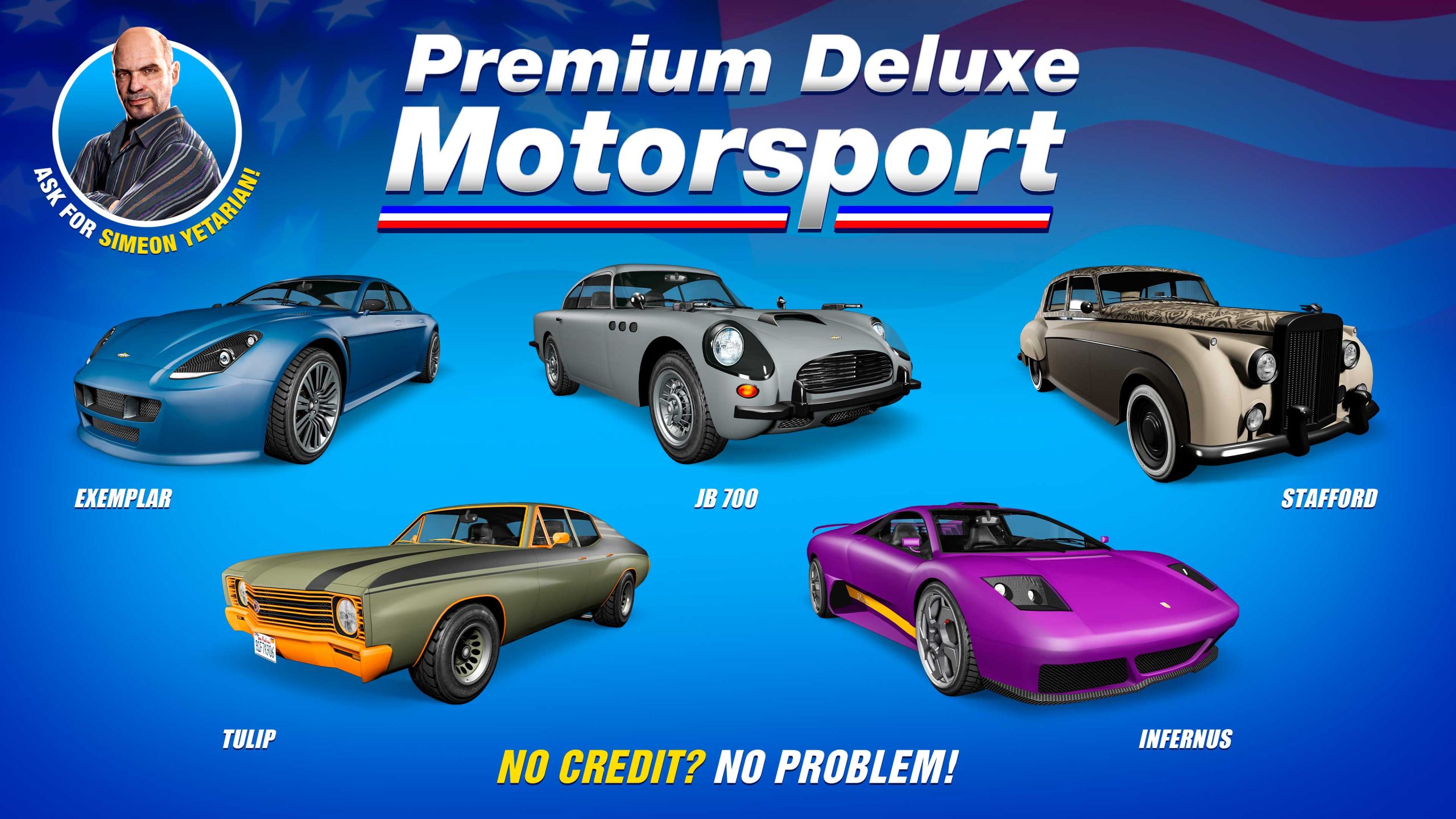 Premium Deluxe Motorsport poster for five vehicles: Enus Stafford, Declasse Tulip, Pegassi Infernus, Dewbauchee JB 700, and Dewbauchee Exemplar.