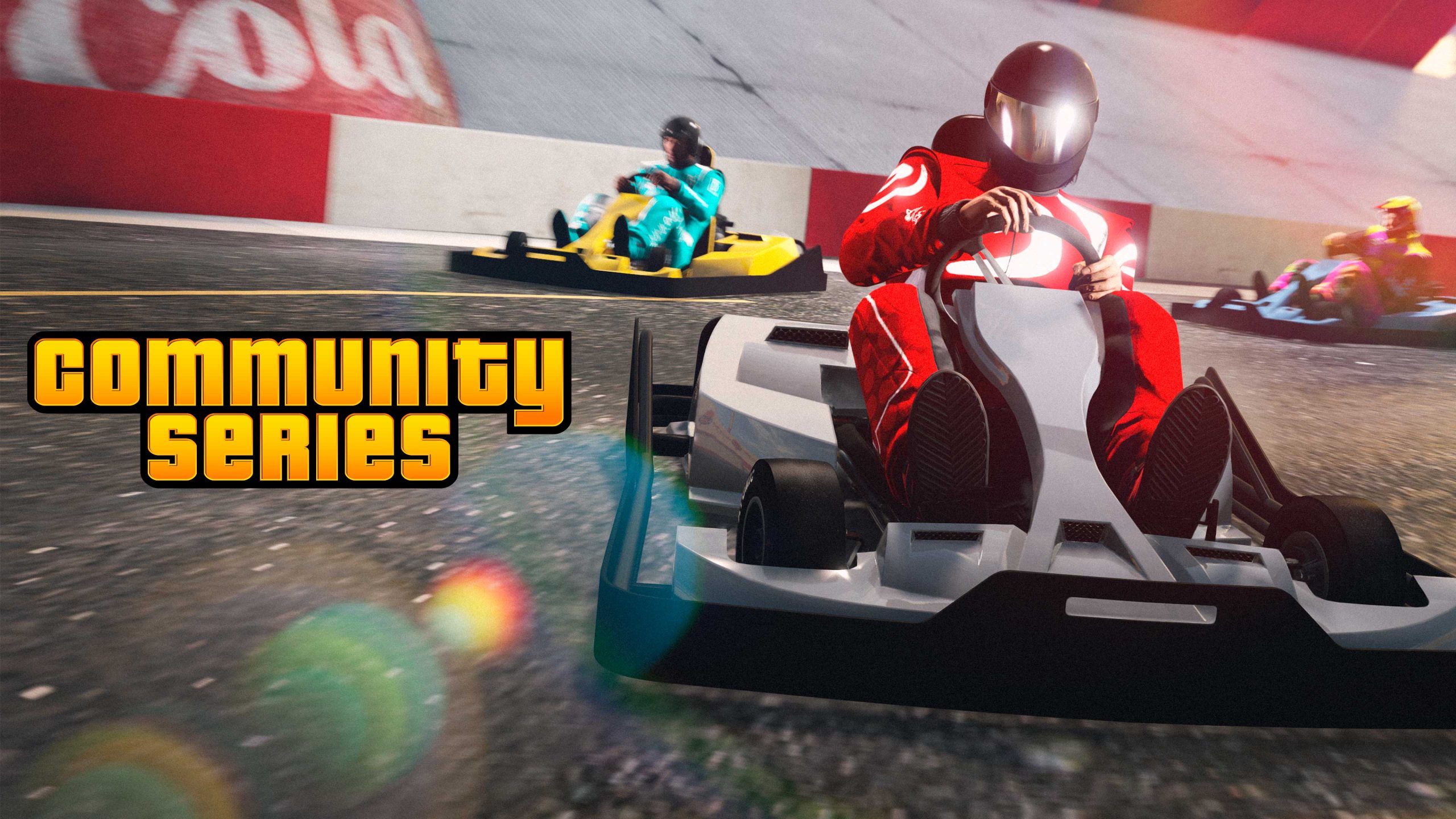 Community Series event poster with various characters racing go-karts on a track.