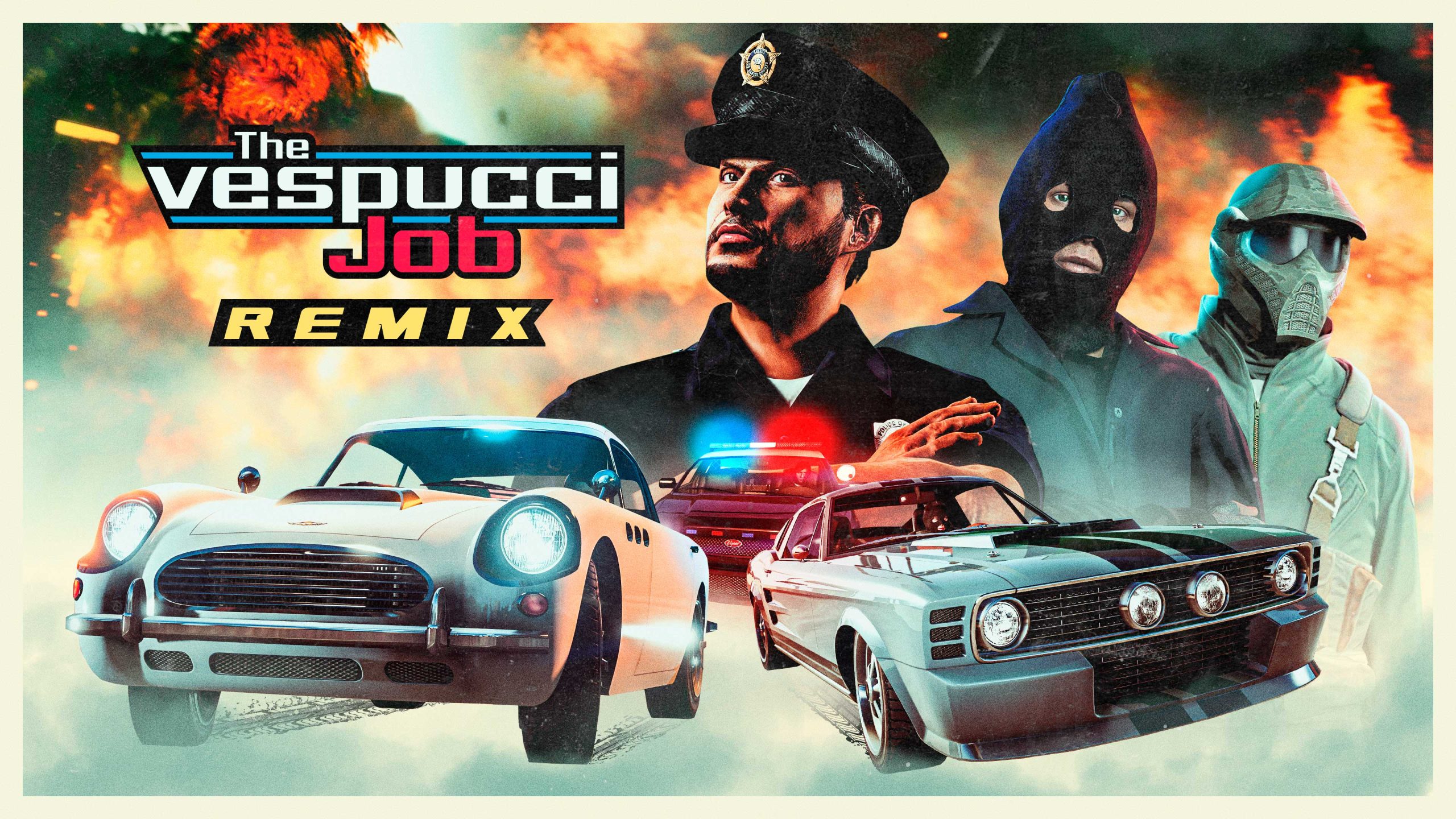 The Vespucci Job Remix poster with two cars speeding away from a police Interceptor. A montage of three characters are shown; a police officer and two masked.