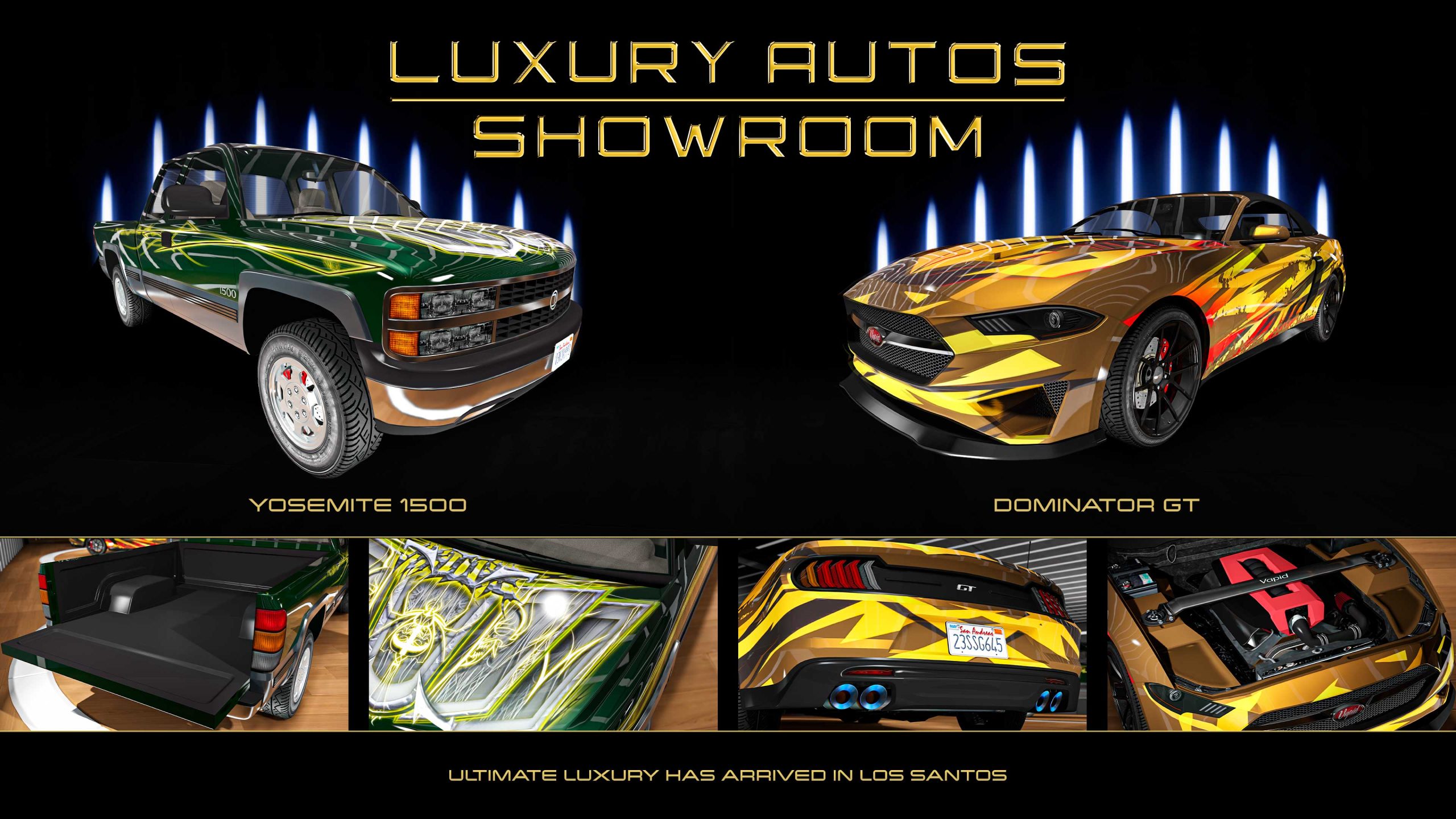 Poster for two Luxury Autos showroom cars. Left: A green three-door Declasse Yosemite 1500 off-road car with green paint and an ornate livery. Right: A golden three-door Vapid Dominator GT car with a yellow and red ripped-style livery. 