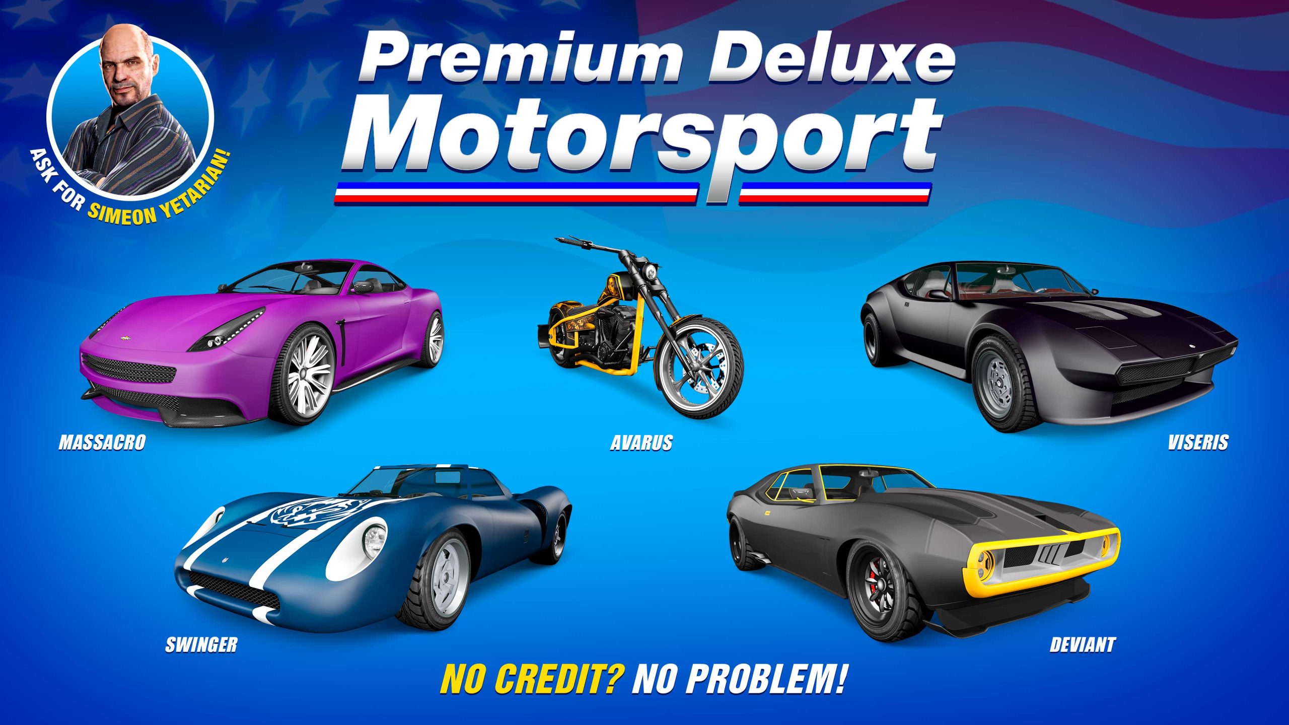 Premium Deluxe Motorsport poster for five vehicles: Ocelot Swinger, Lampadati Viseris, Schyster Deviant, Dewbauchee Massacro, and LCC Avarus. 