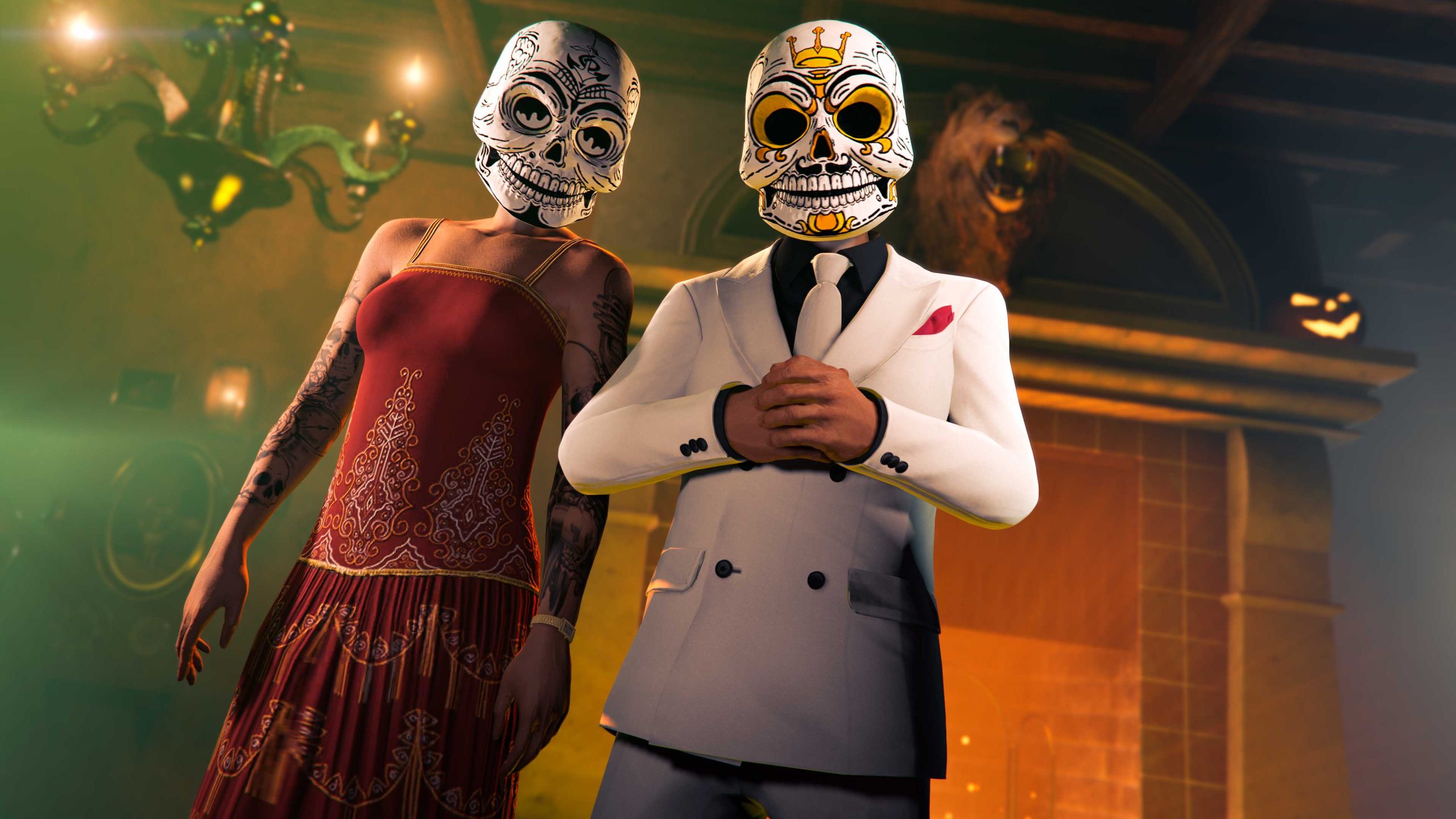 Two characters wearing the Maritime Calaca Mask and the Royal Calaca Mask, one in a red dress, the other in a white tuxedo. 