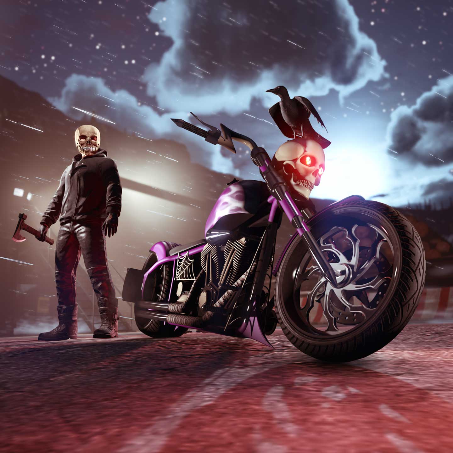 A purple LCC Sanctus motorcycle with a crow resting on a skull in the middle of the handlebars. A masked character holds a hatchet behind the motorcycle, under moonlit clouds. 