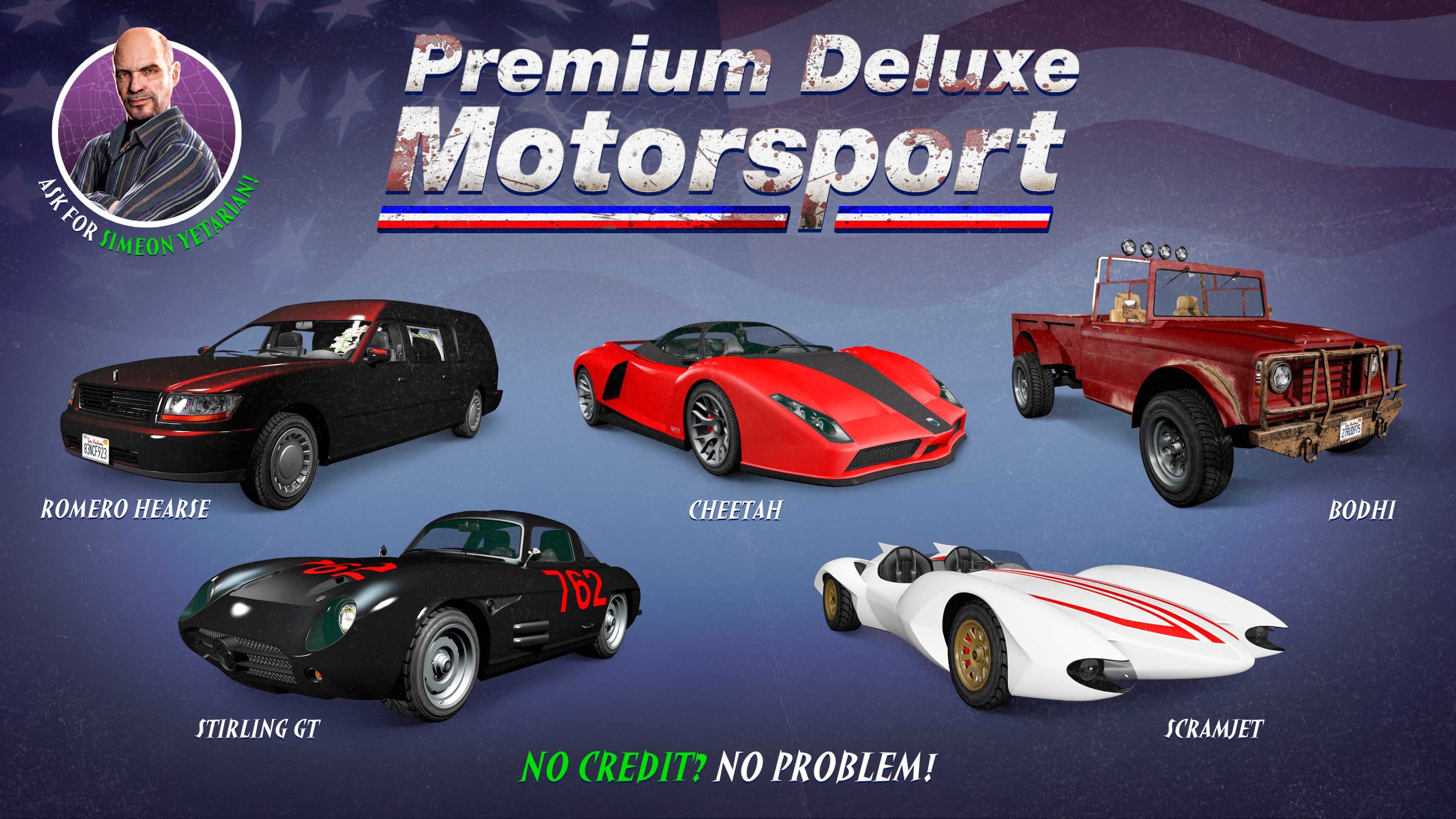 Premium Deluxe Motorsport poster for five vehicles: Declasse Scramjet, Benefactor Stirling GT, Grotti Cheetah, Chariot Romero Hearse, and Canis Bodhi. 