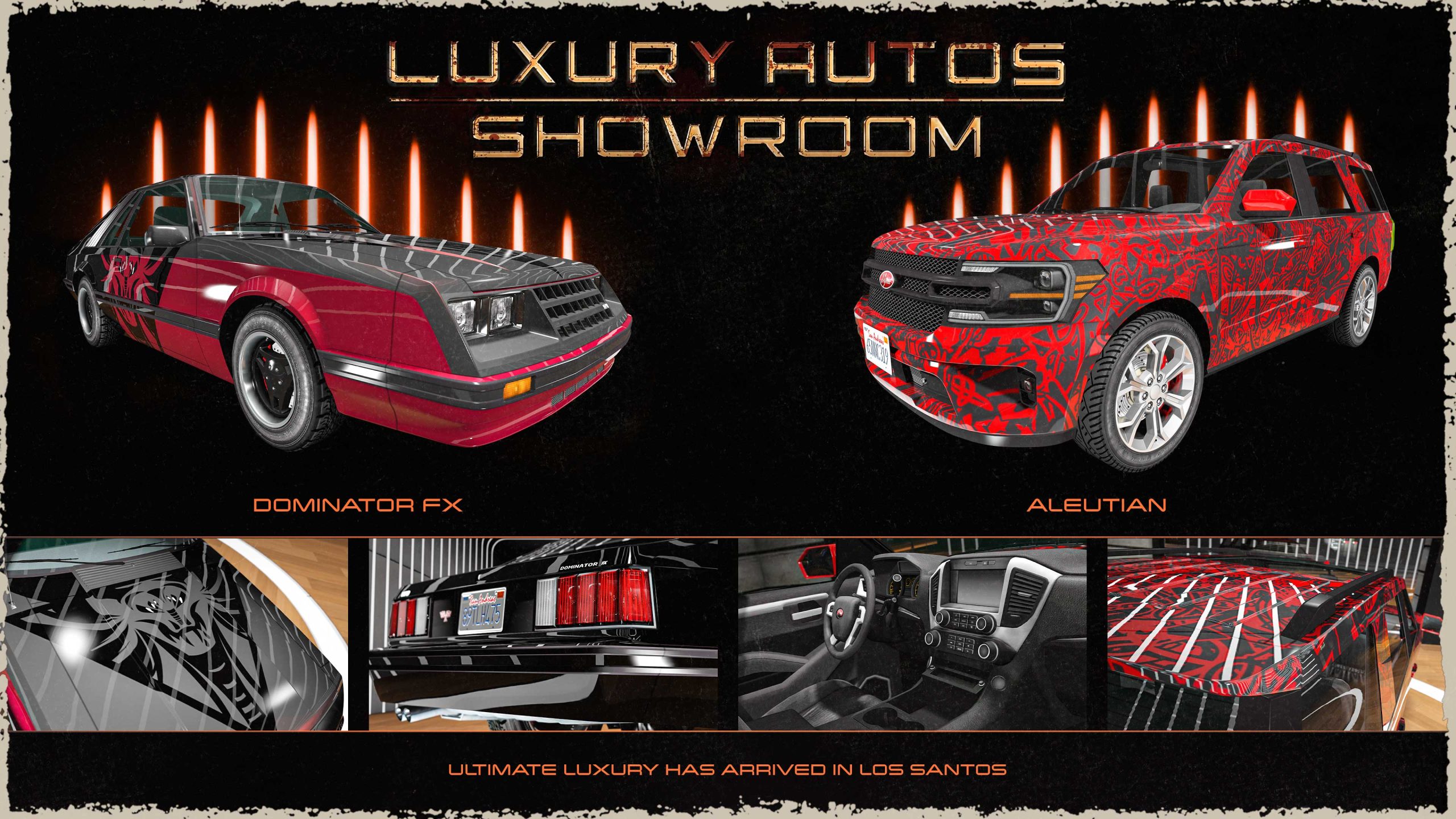 Luxury Autos Showroom poster. Left: A red three-door Vapid Dominator FX car with a black hood and rear with a monster head livery on the side. Right: A black four-door Vapid Aleutian SUV with an abstract red pattern livery all over. 