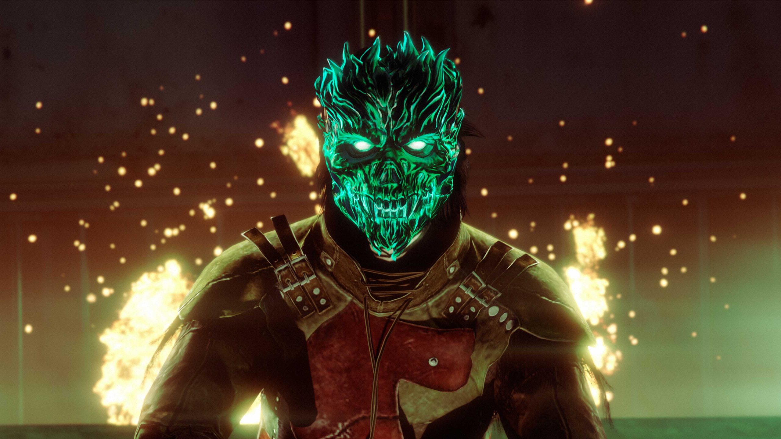 A GTA Online character wearing the Green Flaming Skull Mask with a fire in the background.