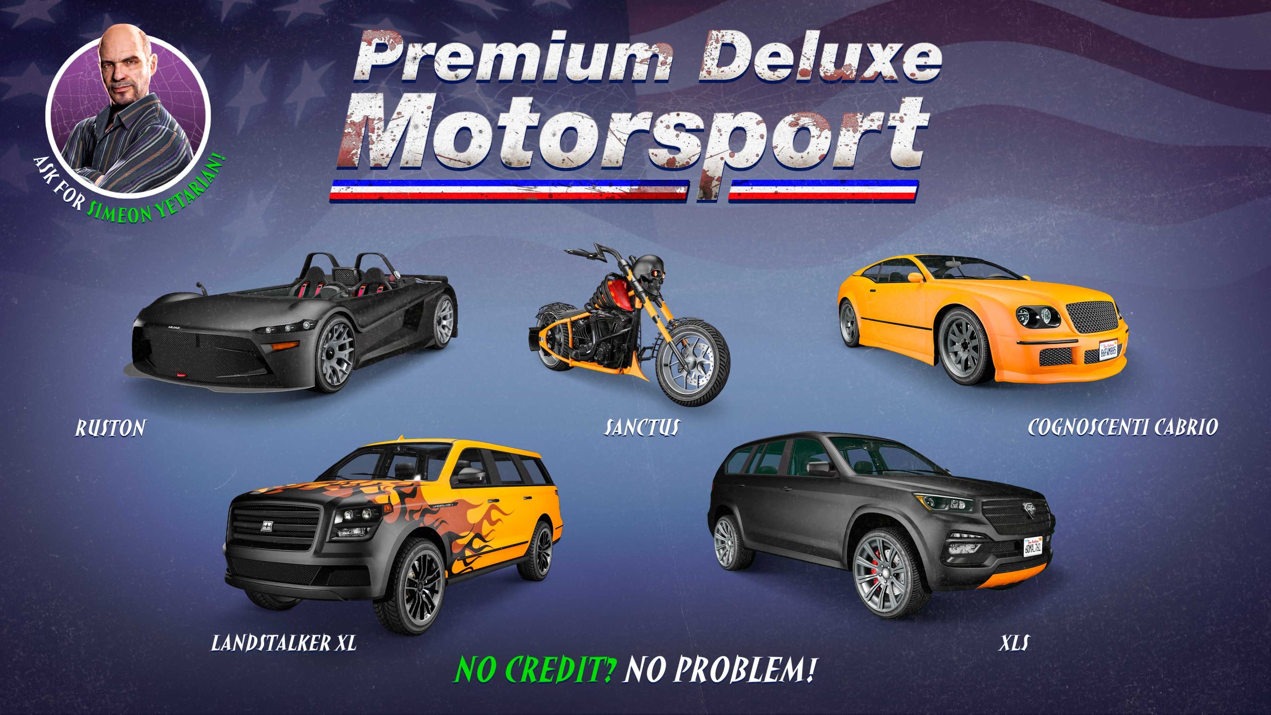 Premium Deluxe Motorsport poster for five vehicles: Enus Cognoscenti Cabrio, Dundreary Landstalker XL, Benefactor XLS, Hijak Ruston, and LCC Sanctus.