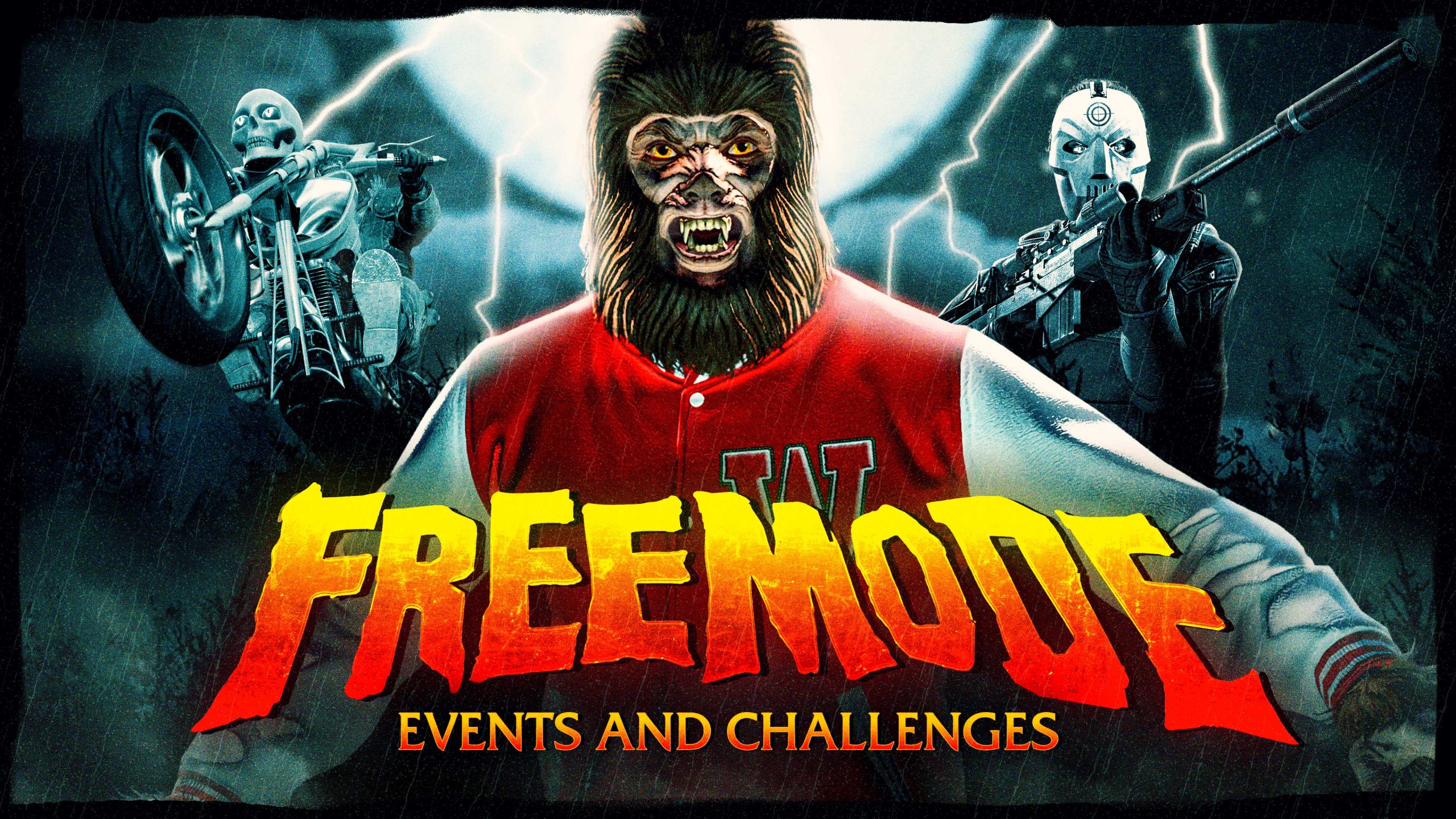 Freemode Events and Challenges poster with a montage featuring a beast wearing a red and white letter jacket, a motorcyclist performing a wheelie, and a masked character armed.