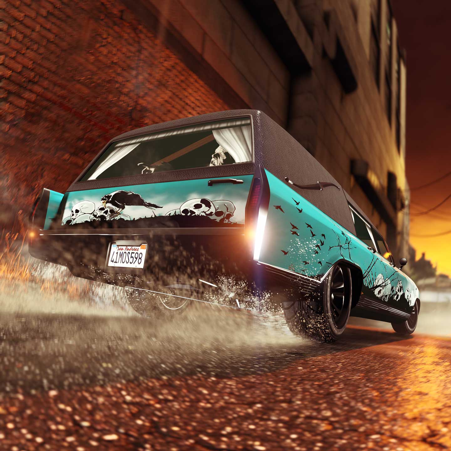 A teal Albany Lurcher car with black artwork liveries featuring crows, tree branches, and skulls, drives along a sunset-lit street. 