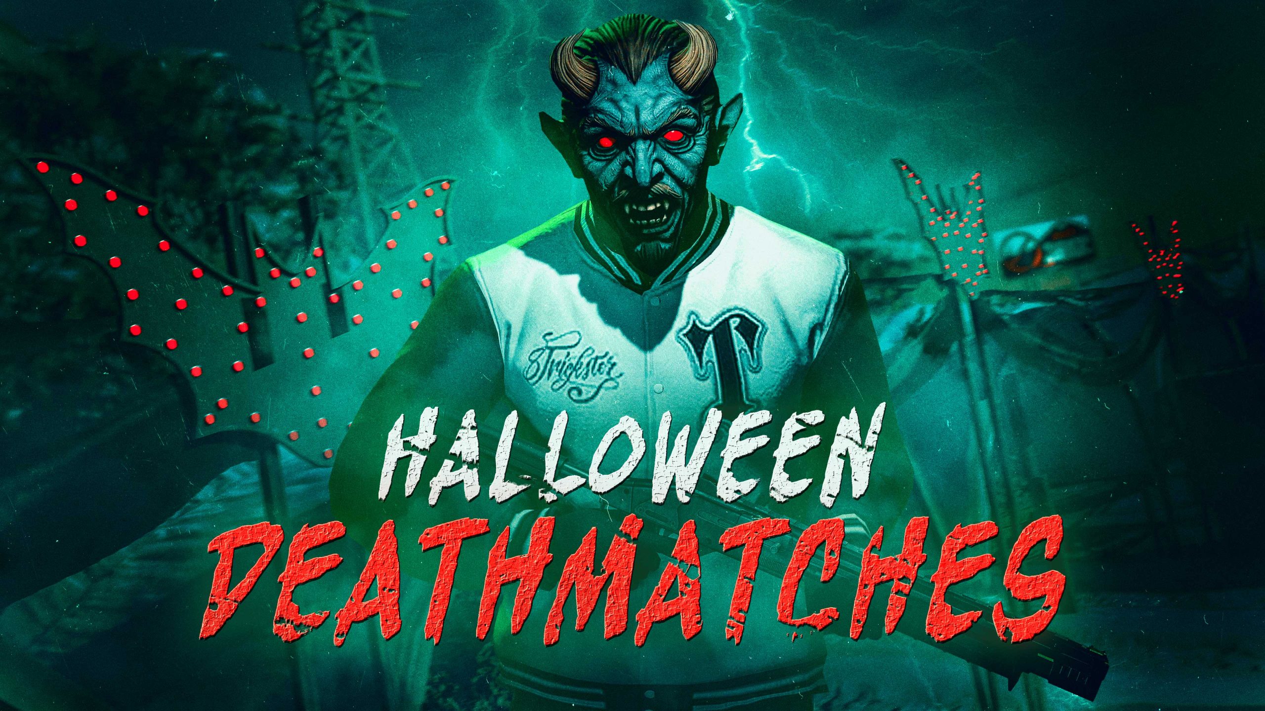 Halloween Deathmatches poster with an armed, horned masked character.