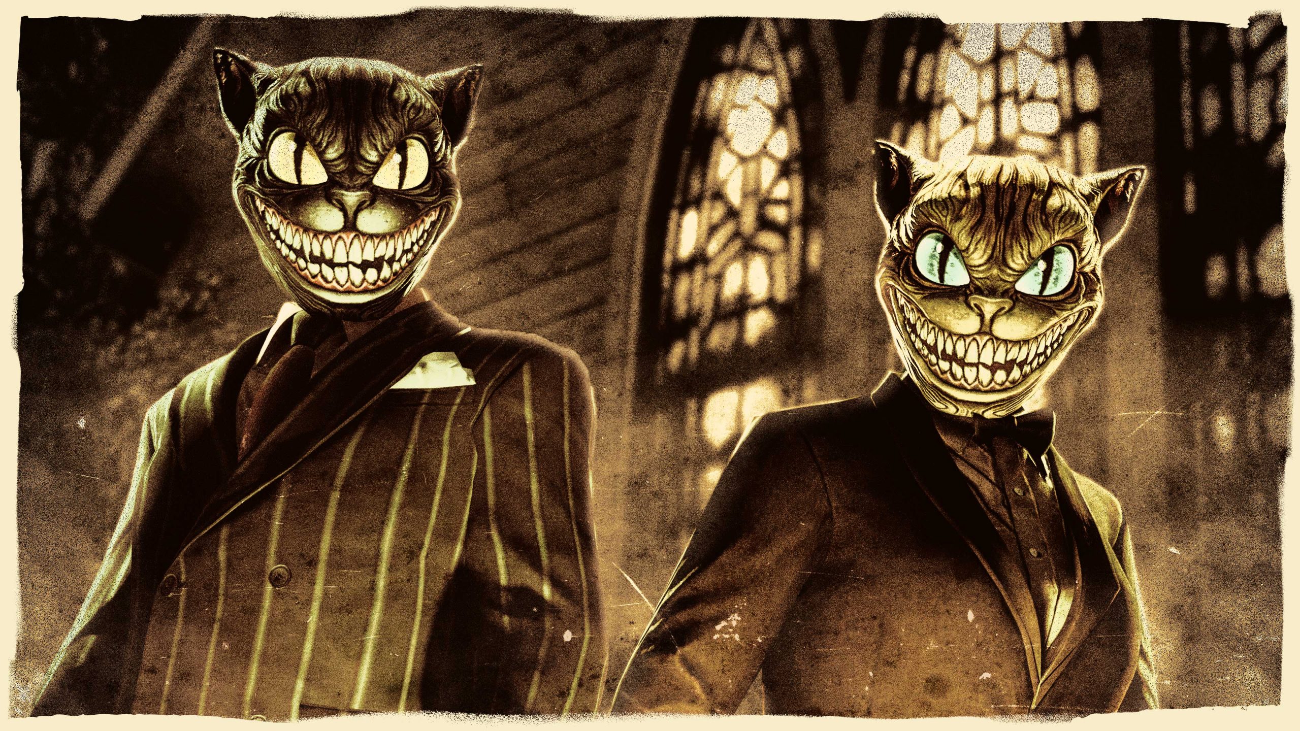 Two GTA Online characters wearing the Creepy Cat Masks.