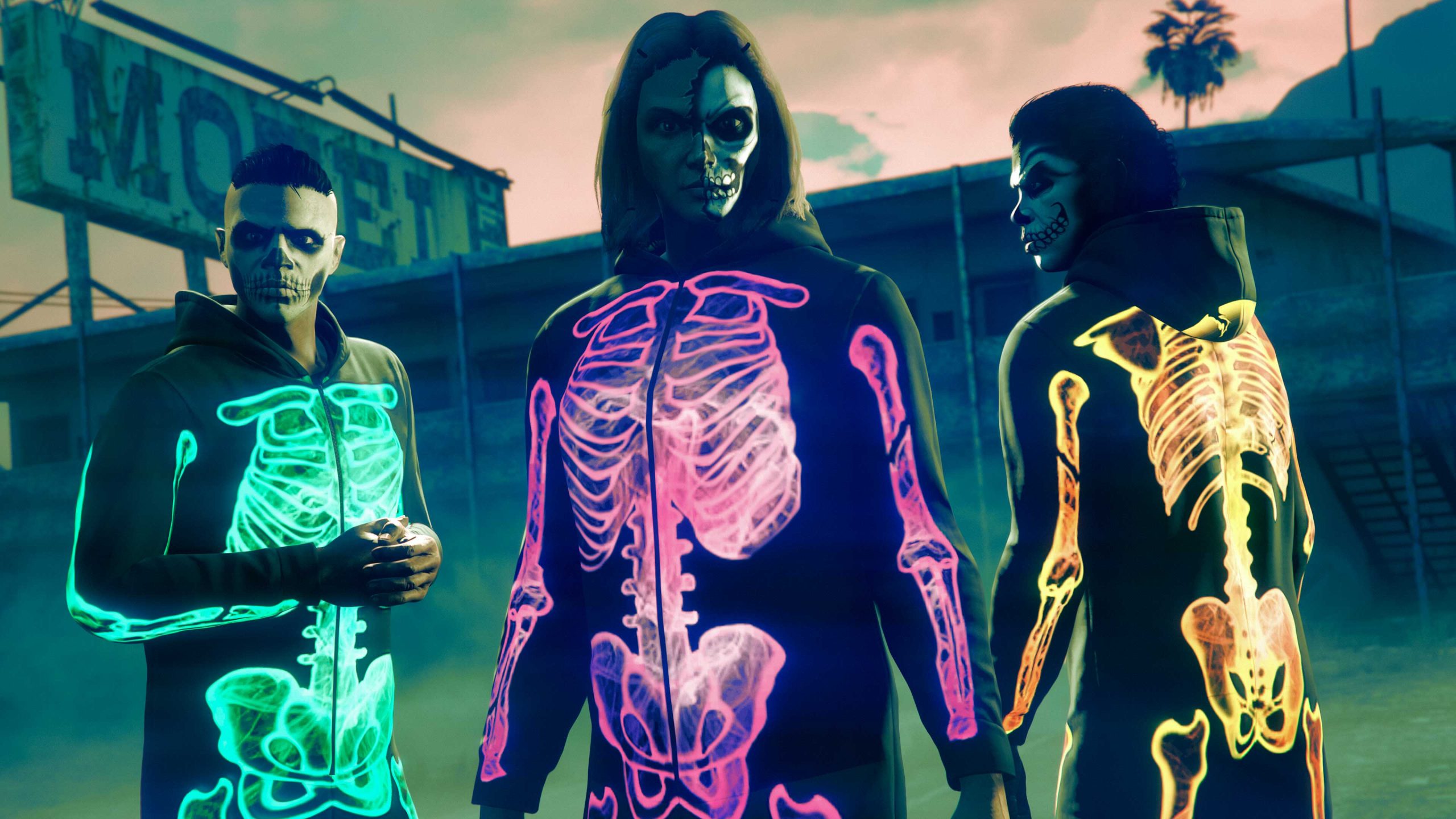 Three GTA Online characters wearing the Purple Glow, Green Glow, and Orange Glow Skeleton Onesies.