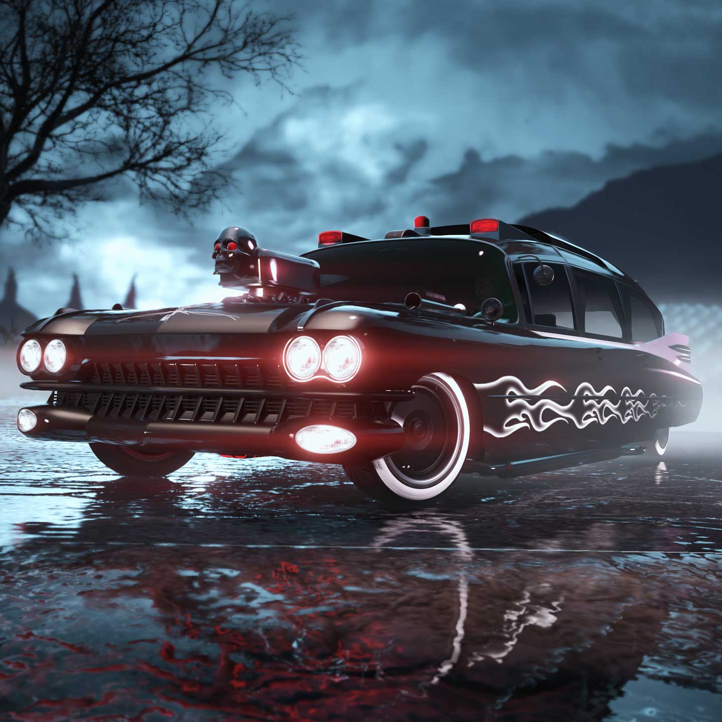 A deep red, modified Albany Brigham car with white wavy liveries on the sides on a wet road under a cloudy night sky. 