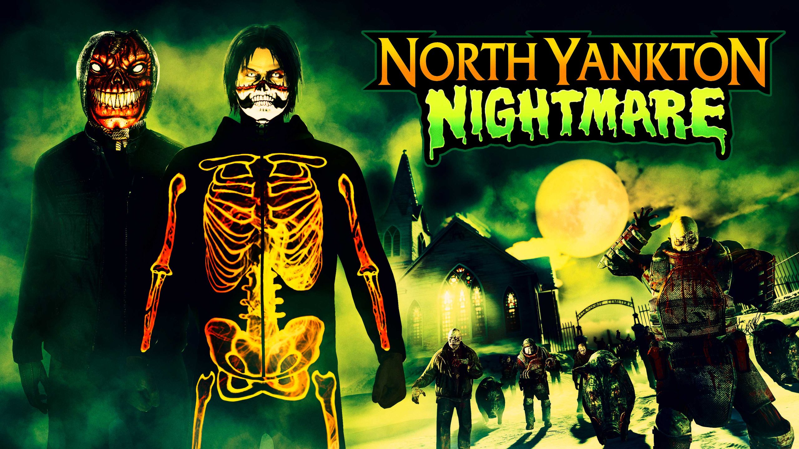 North Yankton Nightmare poster with two GTA Online characters, one wears the Orange Glow Skeletal Onesie, the other a Red Hooded Skull Mask. 